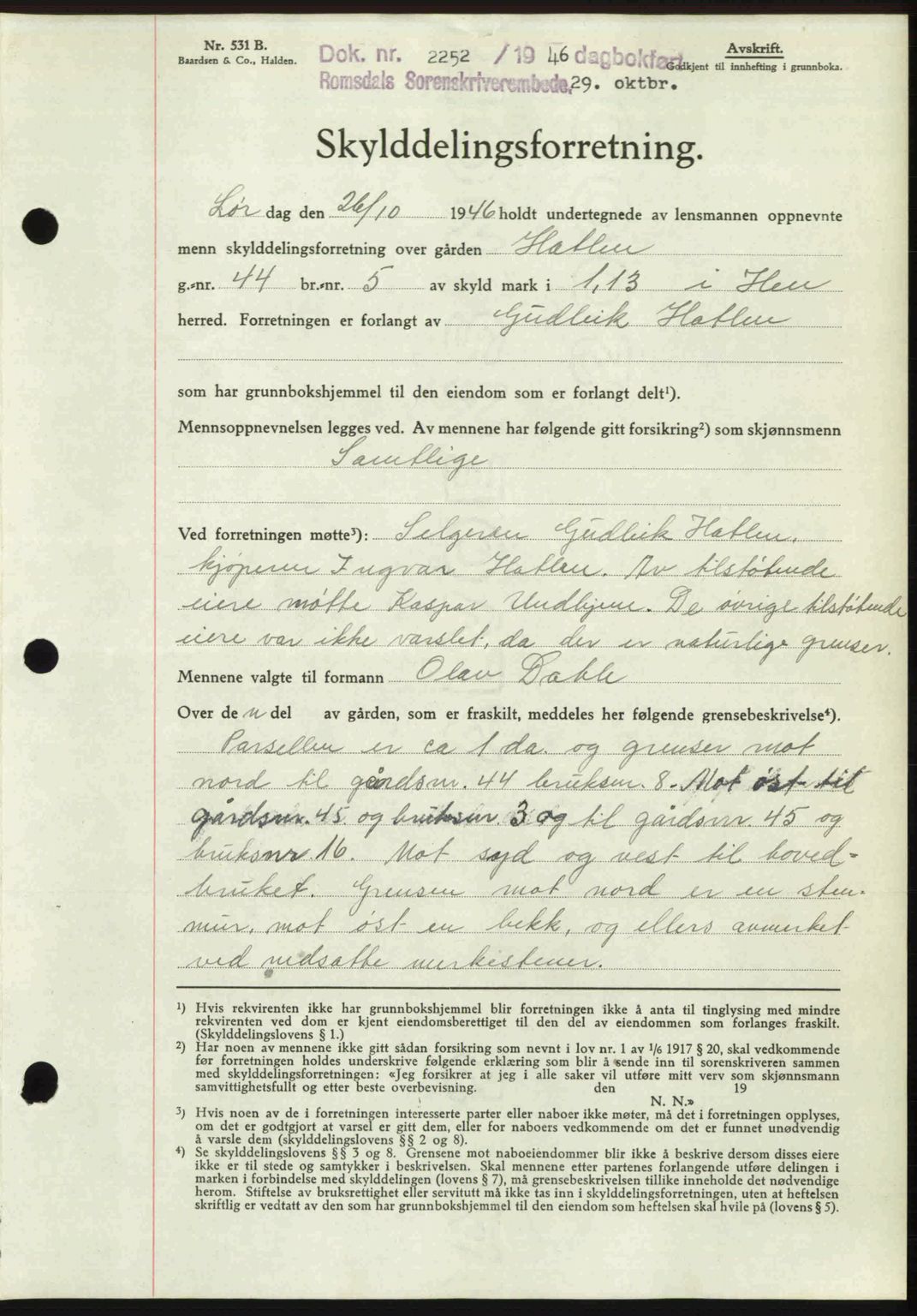 Romsdal sorenskriveri, AV/SAT-A-4149/1/2/2C: Mortgage book no. A21, 1946-1946, Diary no: : 2252/1946