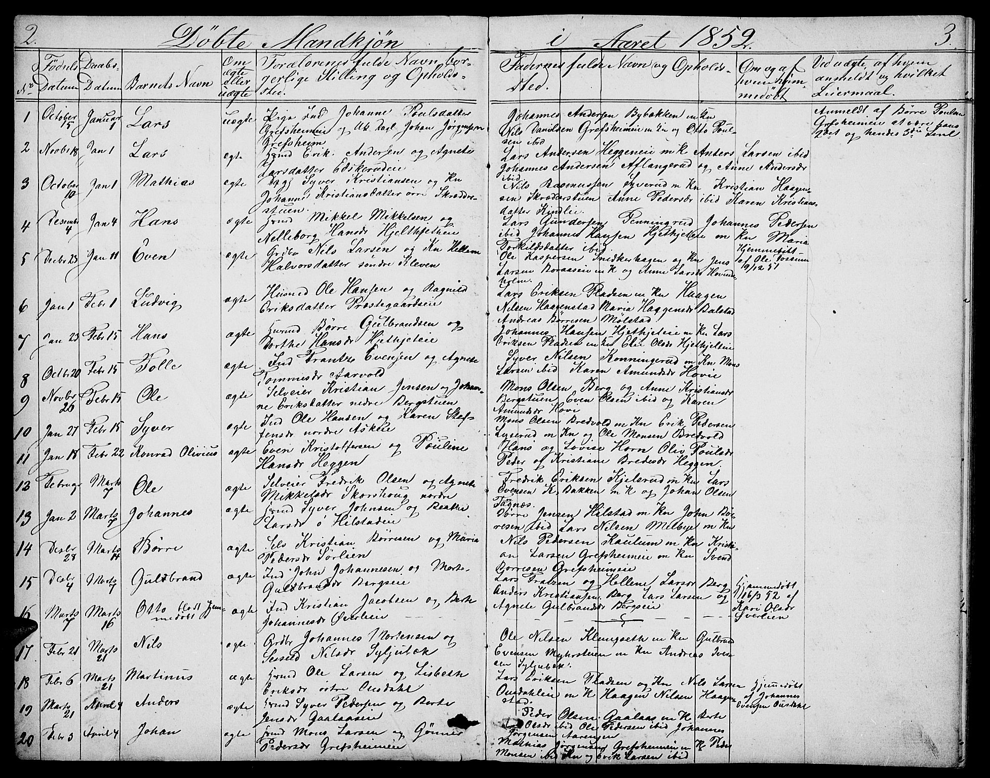 Nes prestekontor, Hedmark, SAH/PREST-020/L/La/L0005: Parish register (copy) no. 5, 1852-1889, p. 2-3