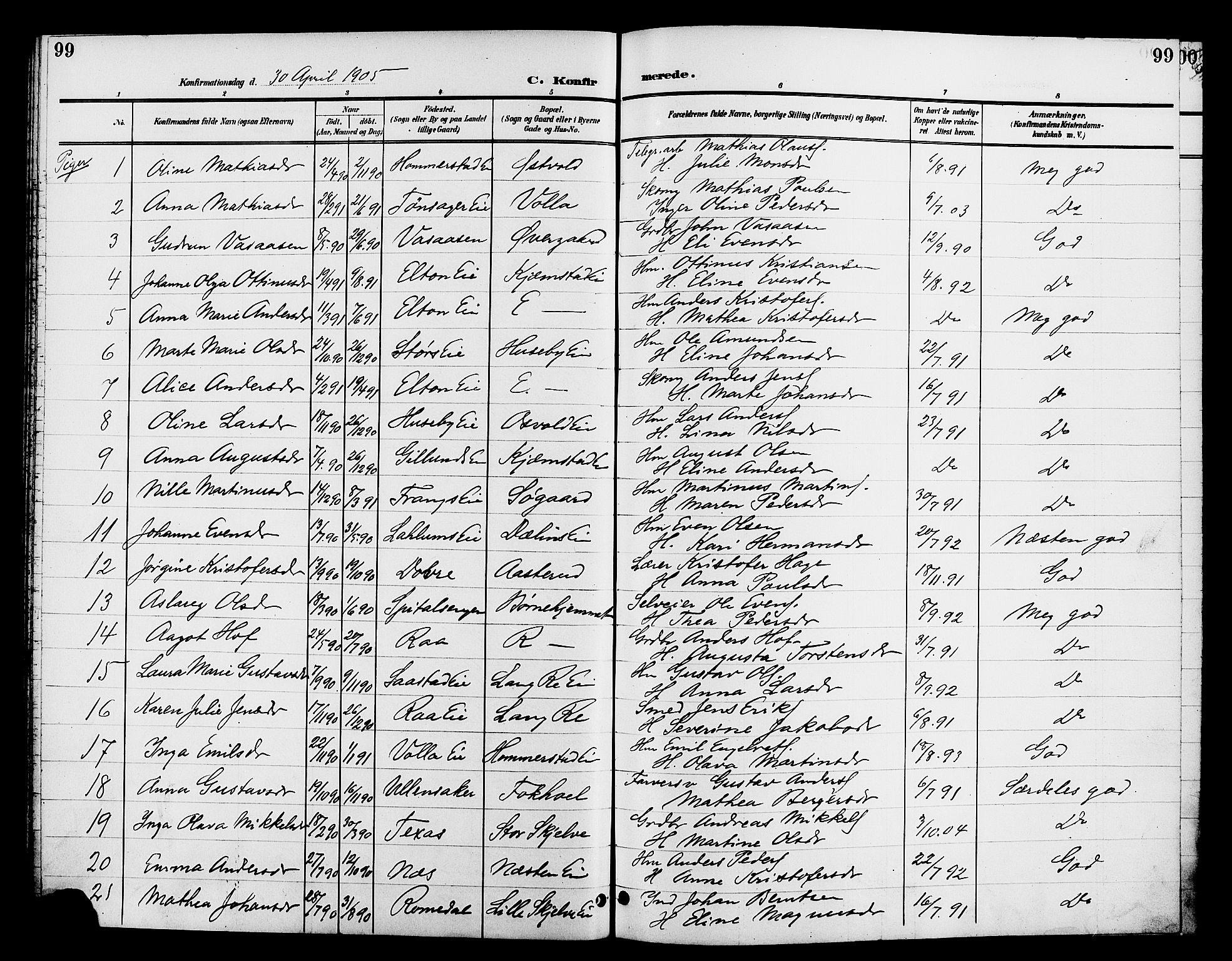 Stange prestekontor, AV/SAH-PREST-002/L/L0012: Parish register (copy) no. 12, 1900-1908, p. 99