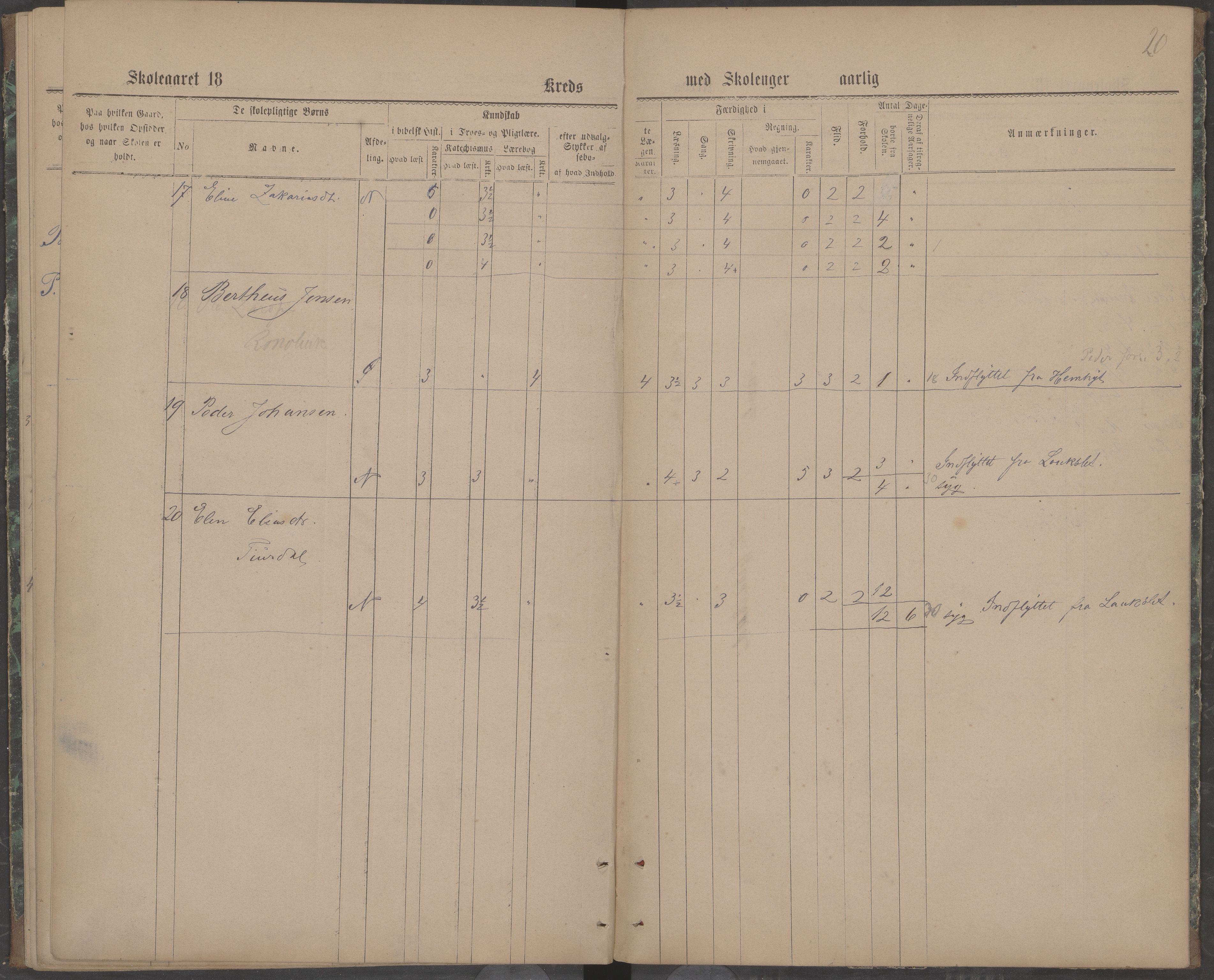 Beiarn kommune. Brandhei skolekrets, AIN/K-18390.510.03/442/L0001: Karakter/oversiktsprotokoll, 1876-1883