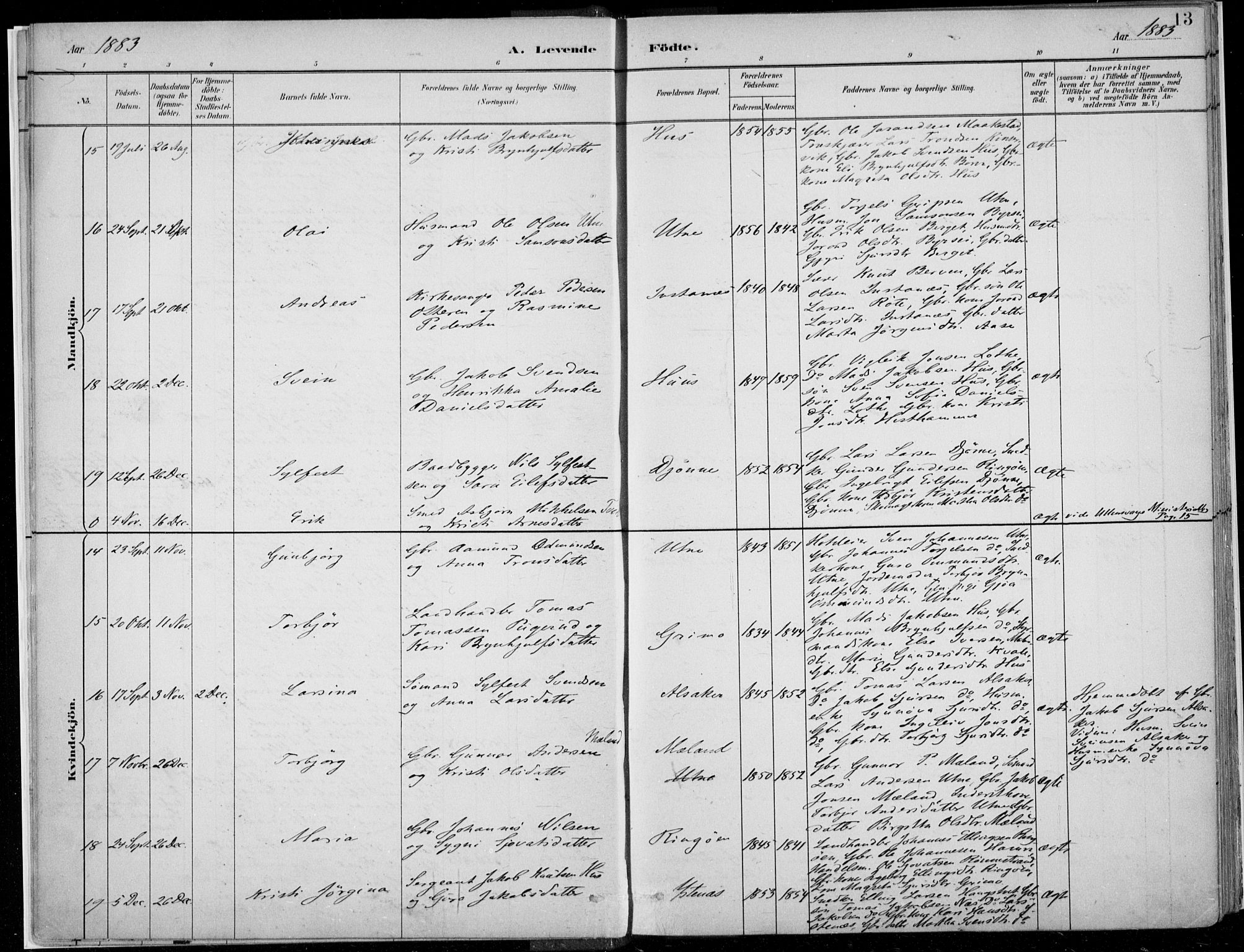 Ullensvang sokneprestembete, SAB/A-78701/H/Haa: Parish register (official) no. E  1, 1882-1921, p. 13