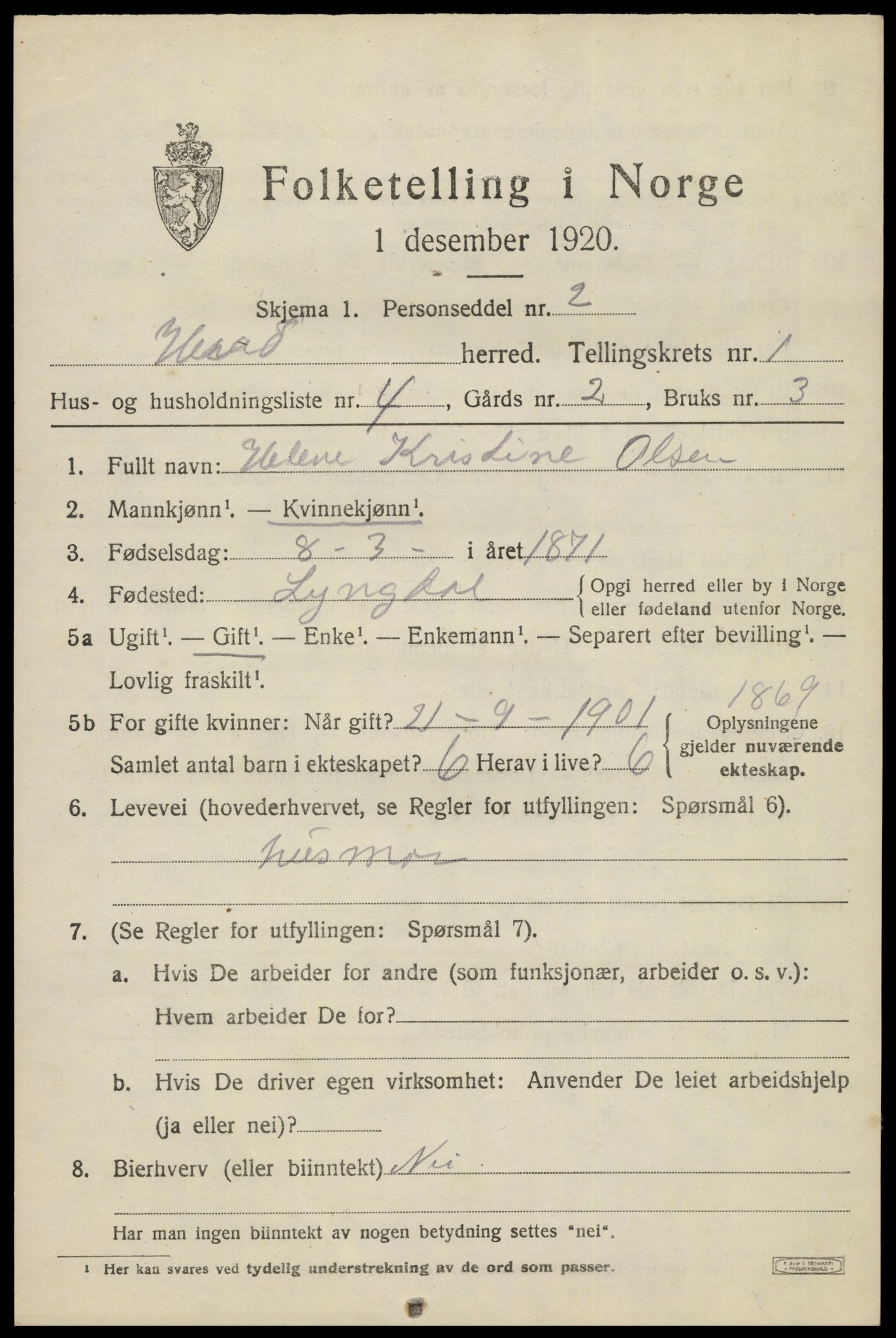 SAK, 1920 census for Herad, 1920, p. 464