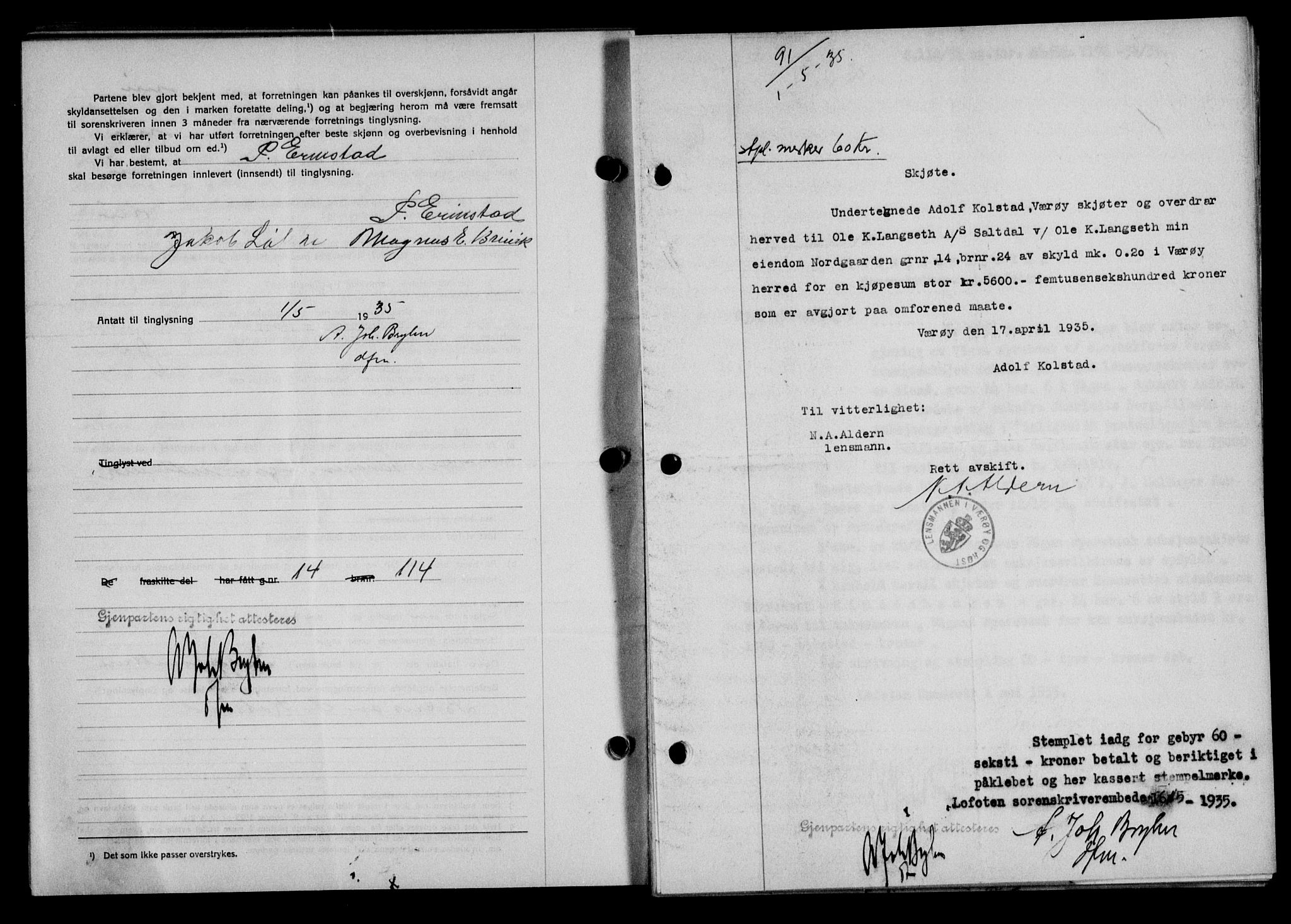 Lofoten sorenskriveri, SAT/A-0017/1/2/2C/L0031b: Mortgage book no. 31b, 1935-1935, Deed date: 01.05.1935