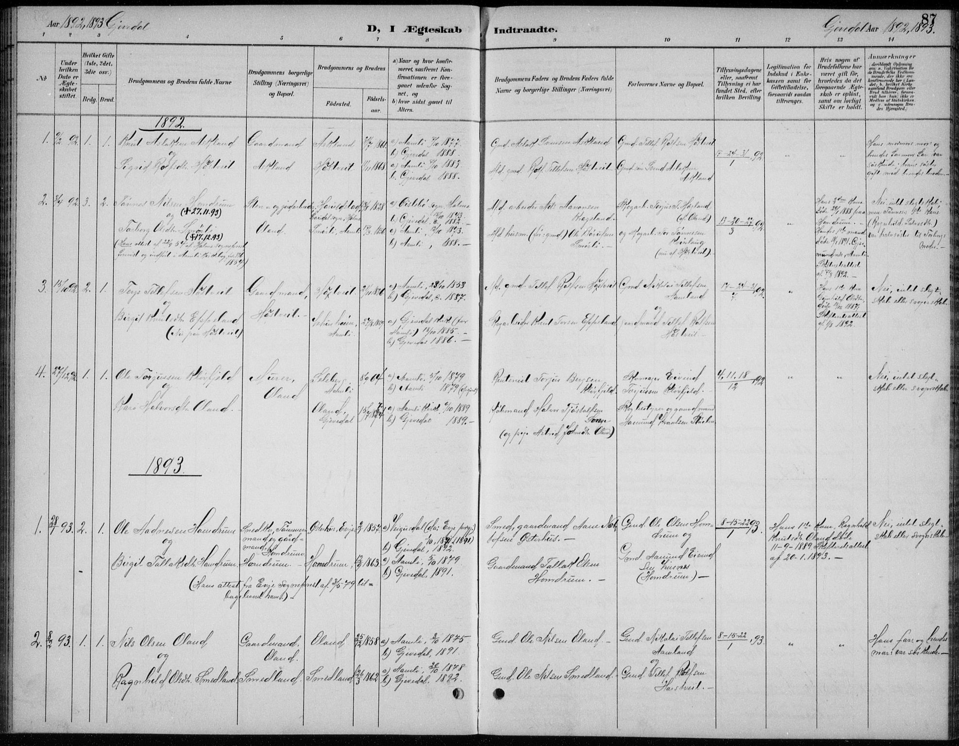 Åmli sokneprestkontor, AV/SAK-1111-0050/F/Fb/Fba/L0002: Parish register (copy) no. B 2, 1890-1912, p. 87