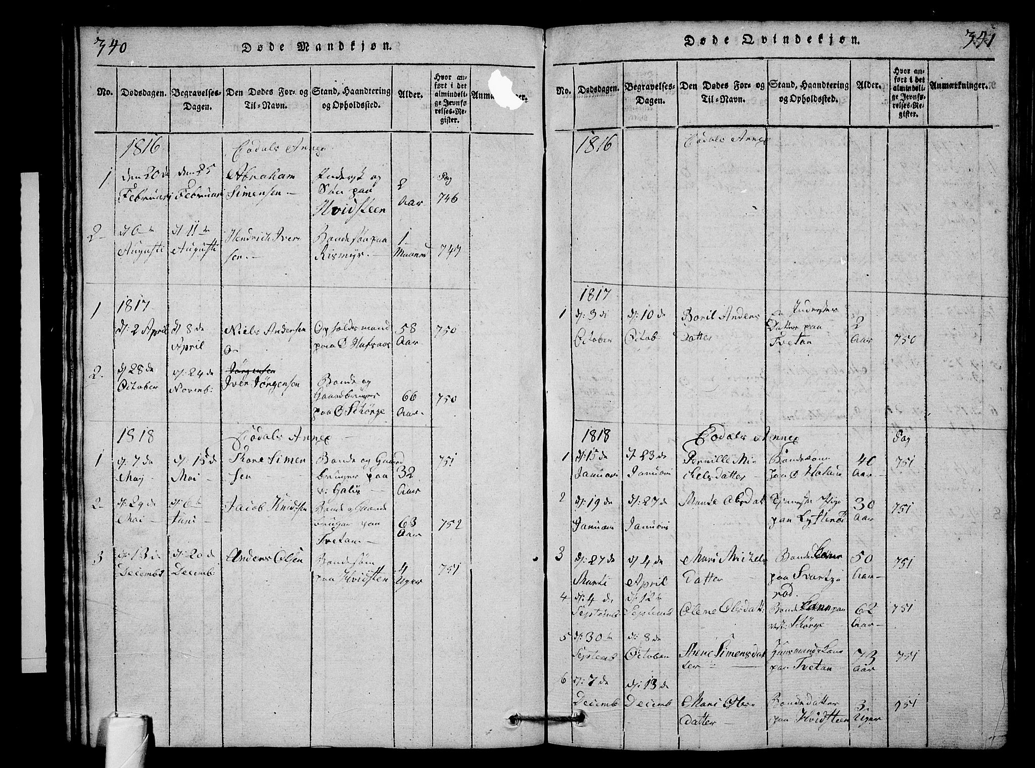 Andebu kirkebøker, AV/SAKO-A-336/G/Ga/L0001: Parish register (copy) no. I 1 /3, 1815-1823, p. 340-341