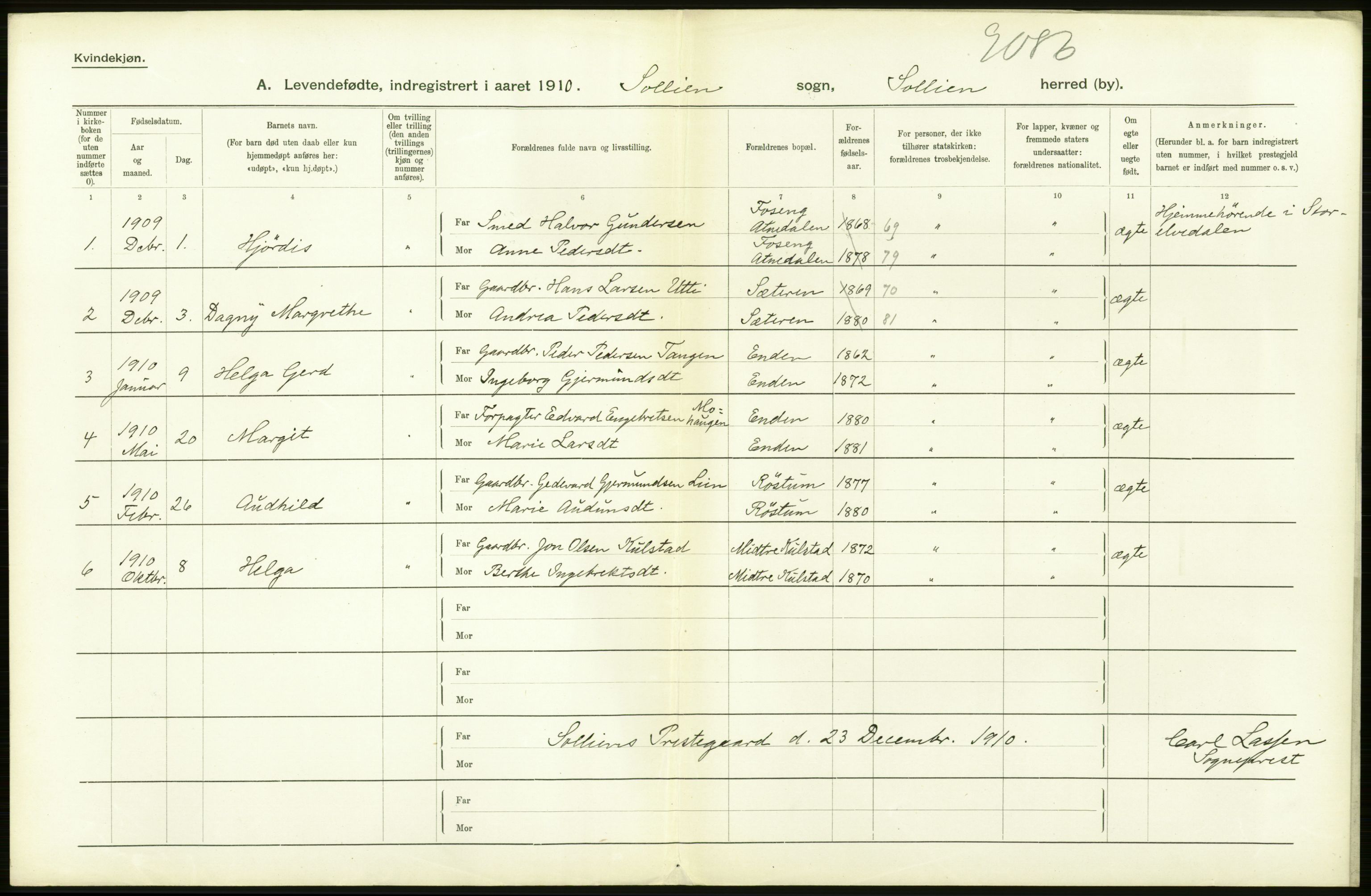 Statistisk sentralbyrå, Sosiodemografiske emner, Befolkning, RA/S-2228/D/Df/Dfa/Dfah/L0010: Hedemarkens amt: Levendefødte menn og kvinner. Bygder og byer., 1910, p. 420