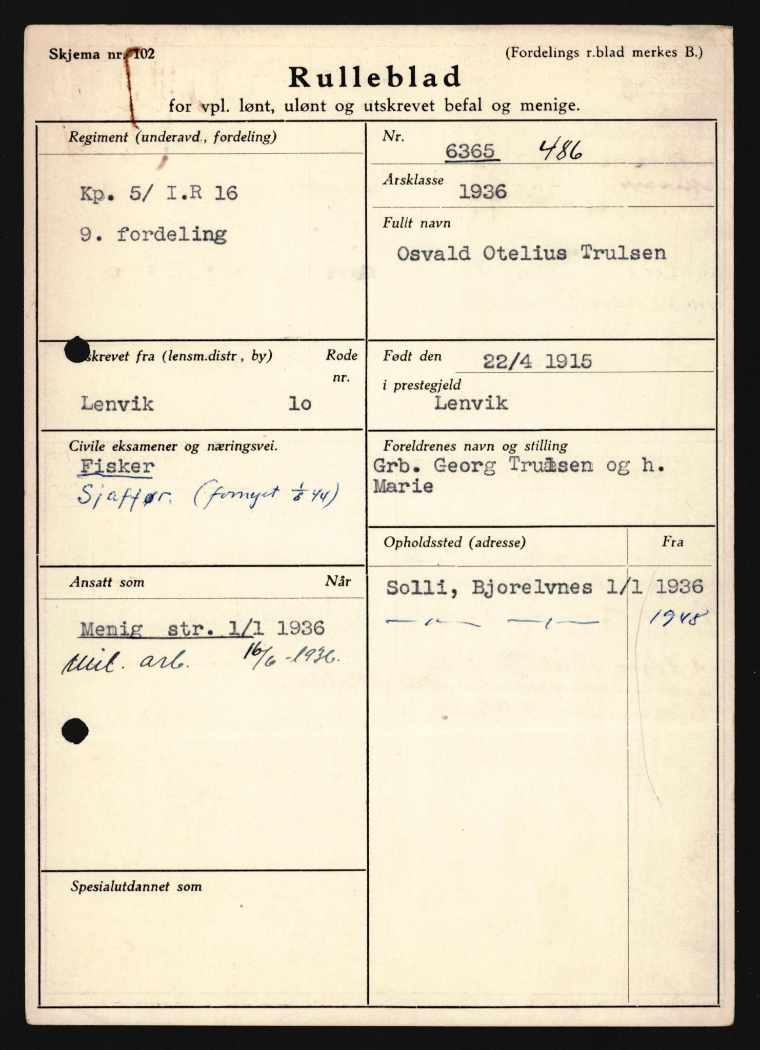 Forsvaret, Troms infanteriregiment nr. 16, AV/RA-RAFA-3146/P/Pa/L0020: Rulleblad for regimentets menige mannskaper, årsklasse 1936, 1936, p. 1307