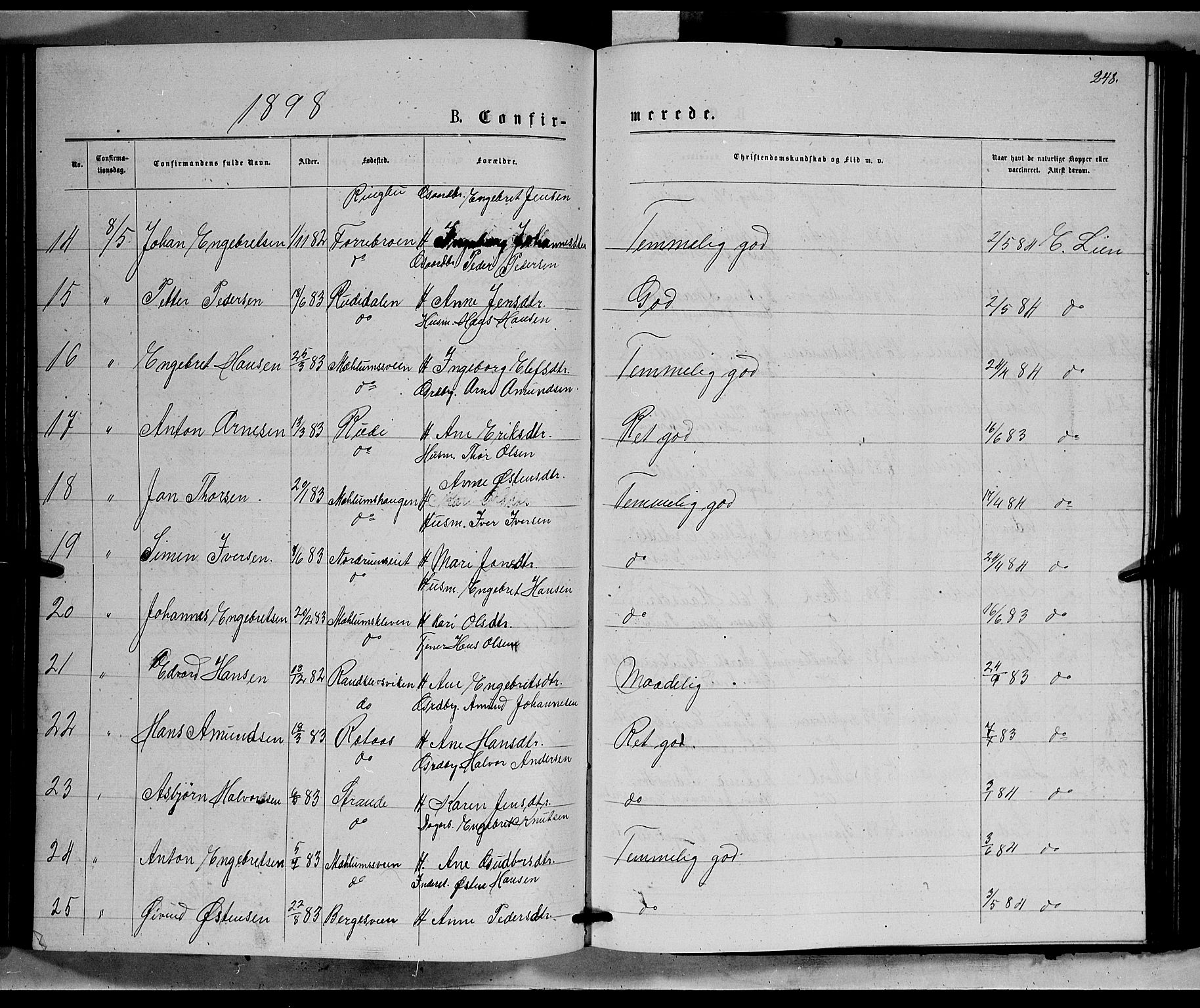 Ringebu prestekontor, SAH/PREST-082/H/Ha/Hab/L0006: Parish register (copy) no. 6, 1880-1898, p. 248