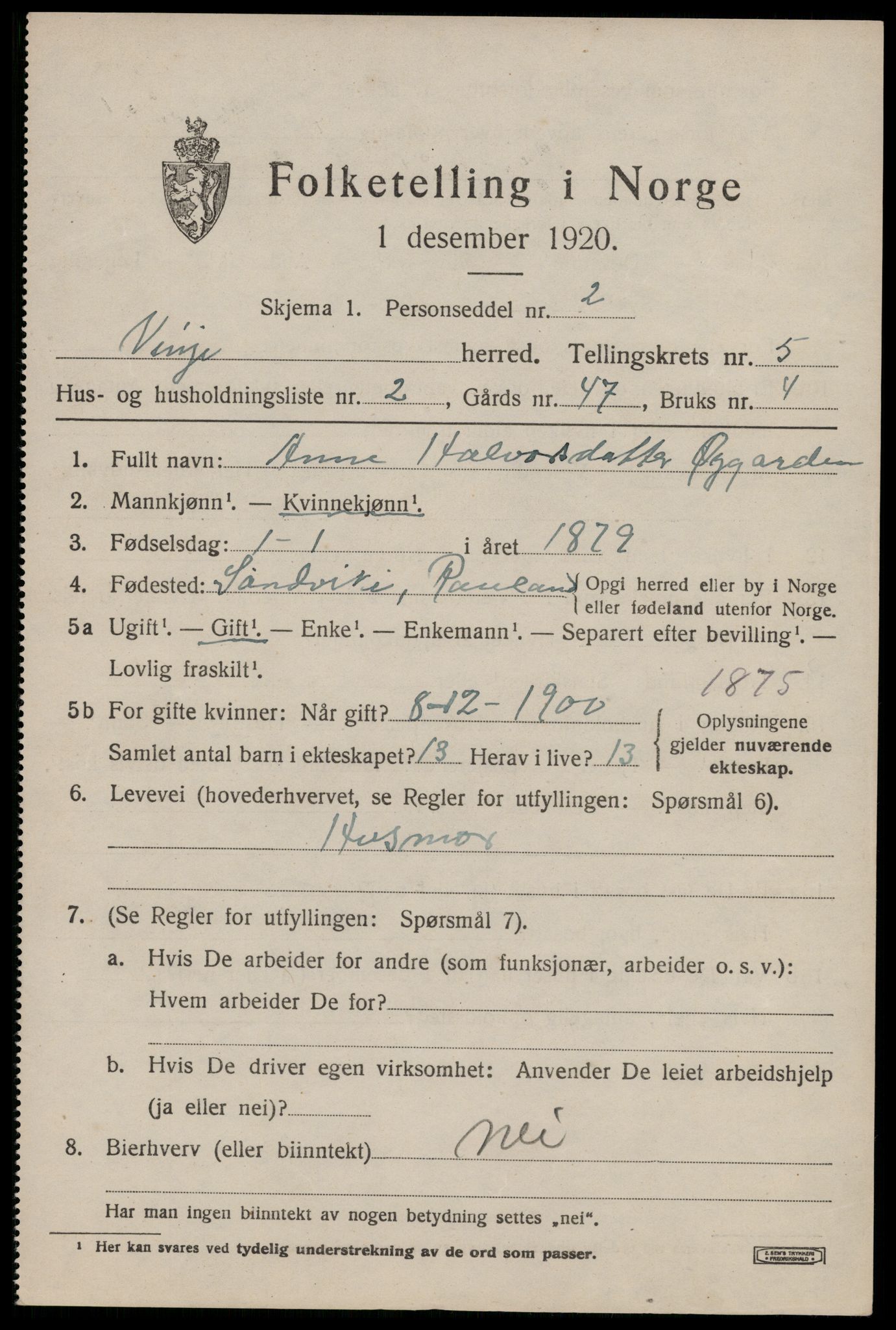 SAKO, 1920 census for Vinje, 1920, p. 1617