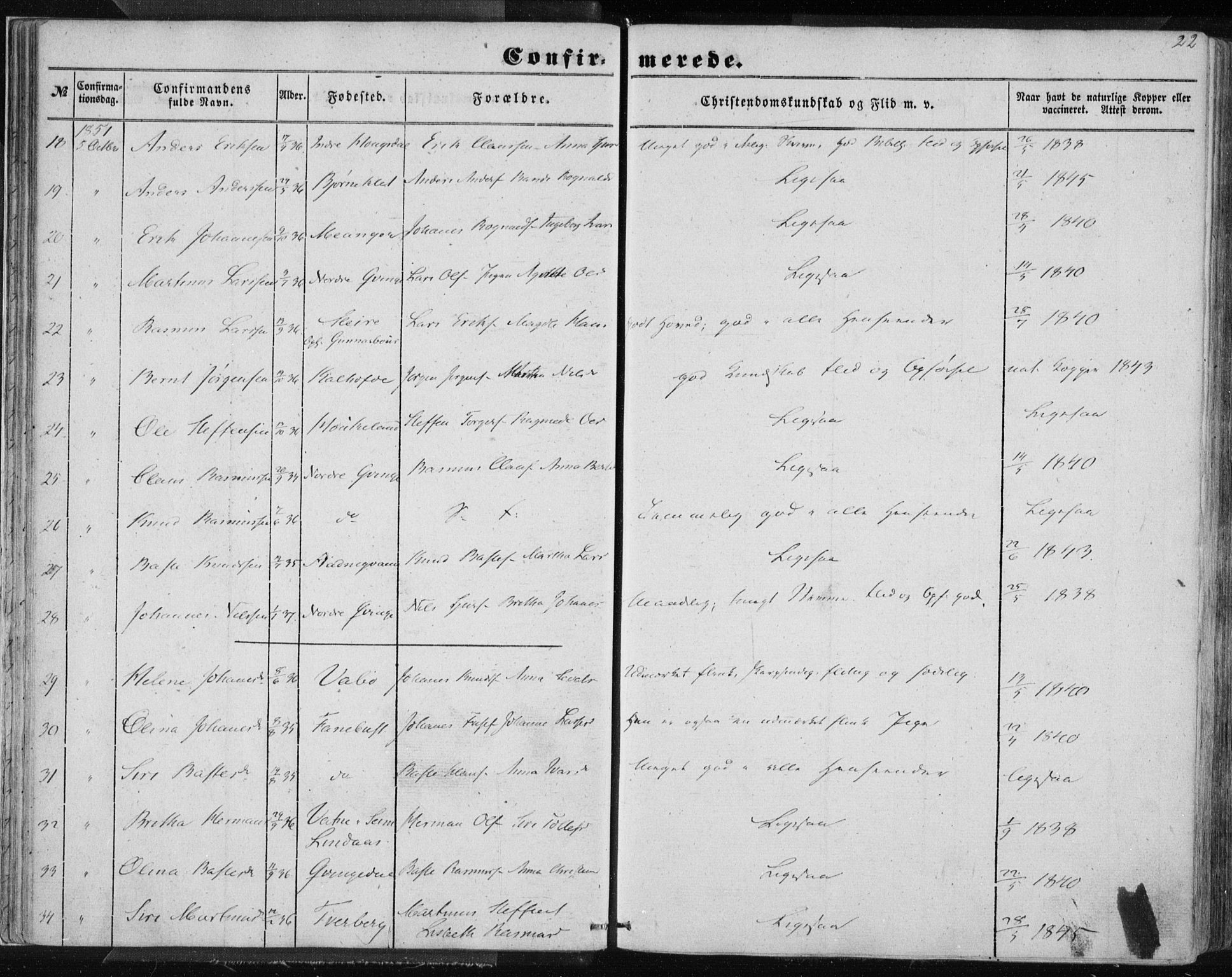 Lindås Sokneprestembete, AV/SAB-A-76701/H/Haa/Haaa/L0013: Parish register (official) no. A 13, 1848-1862, p. 22