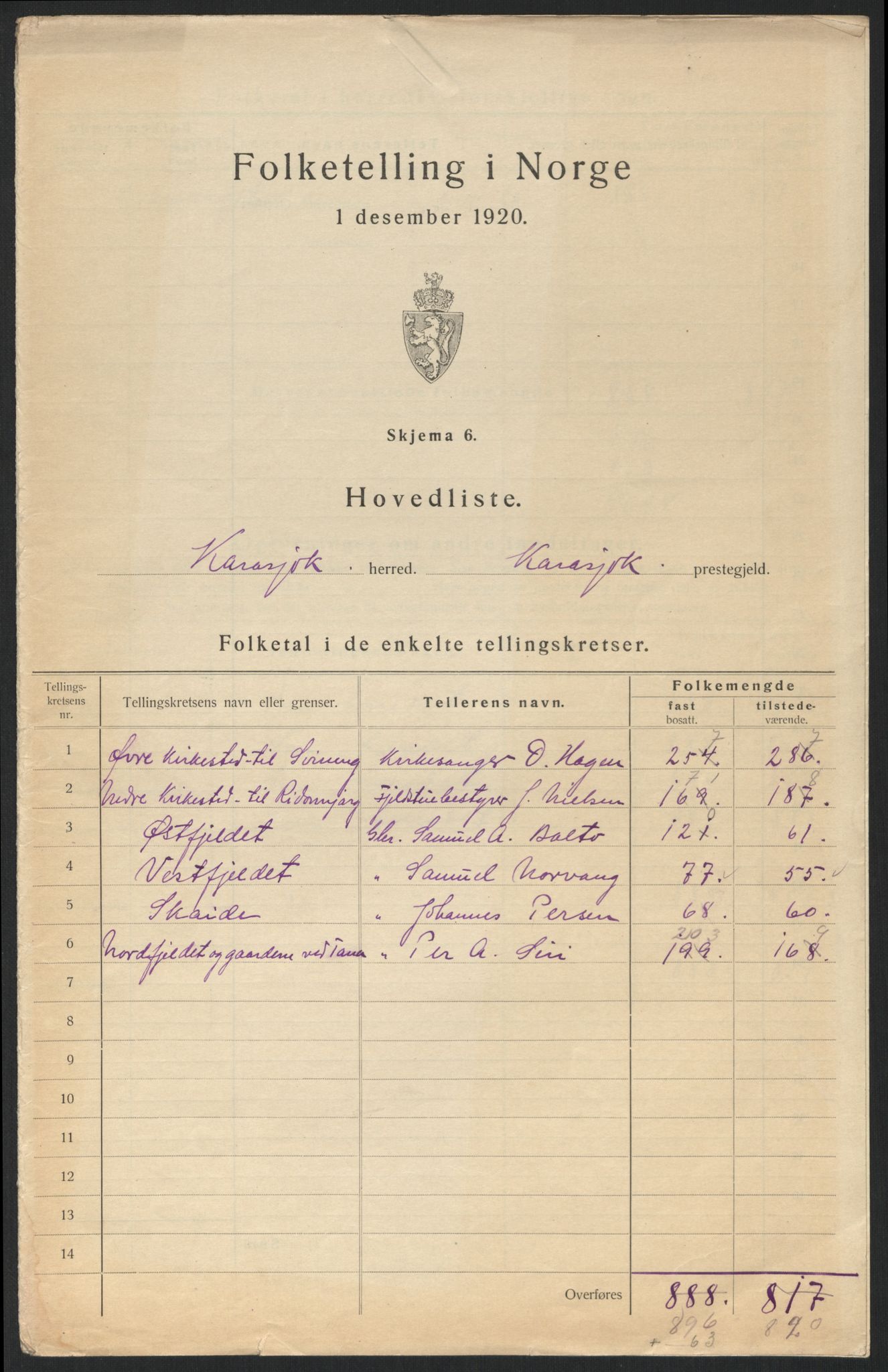 SATØ, 1920 census for Karasjok, 1920, p. 3