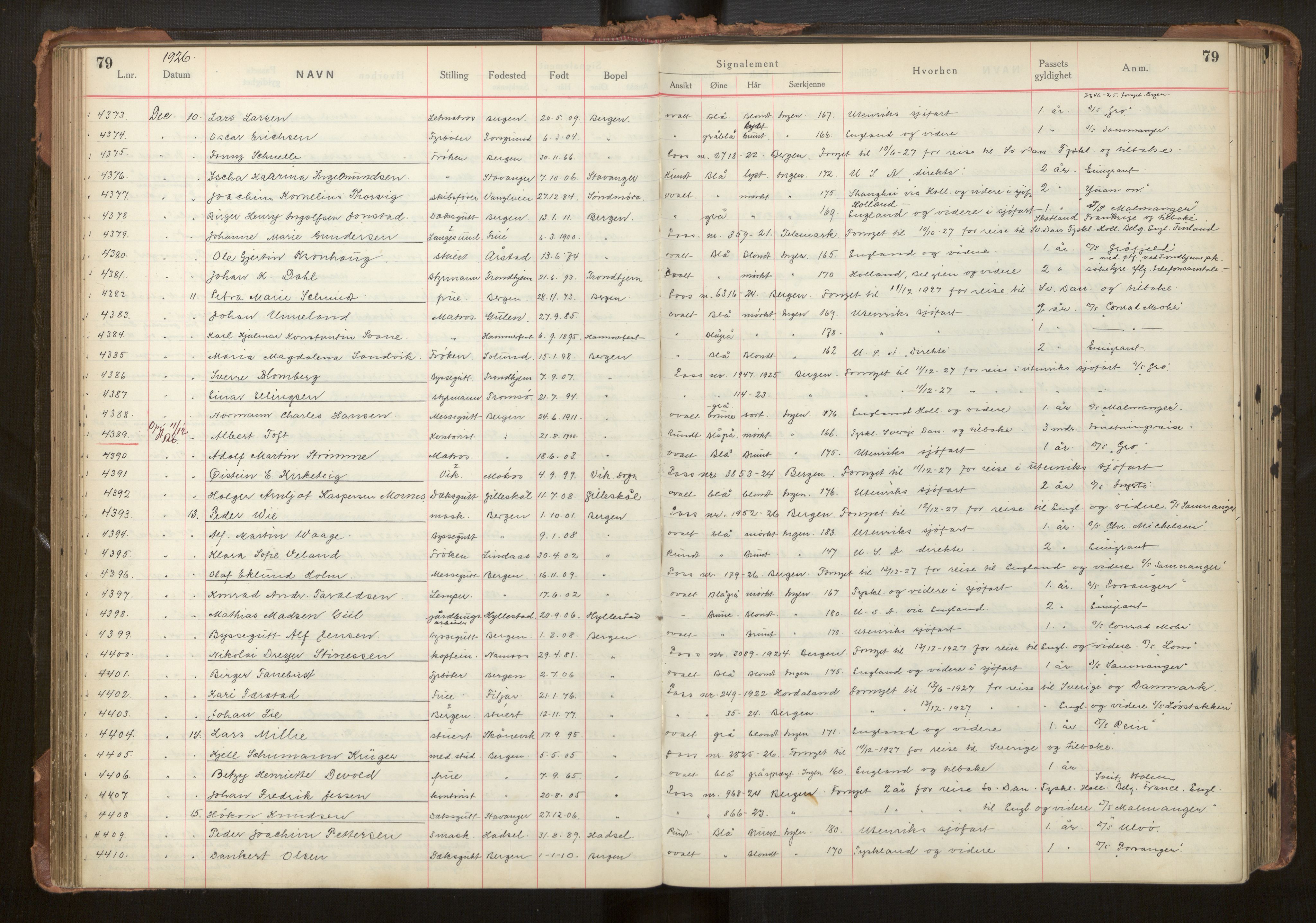 Bergen politikammer / politidistrikt, AV/SAB-A-60401/L/La/Lab/L0011: Passprotokoll, 1926-1928