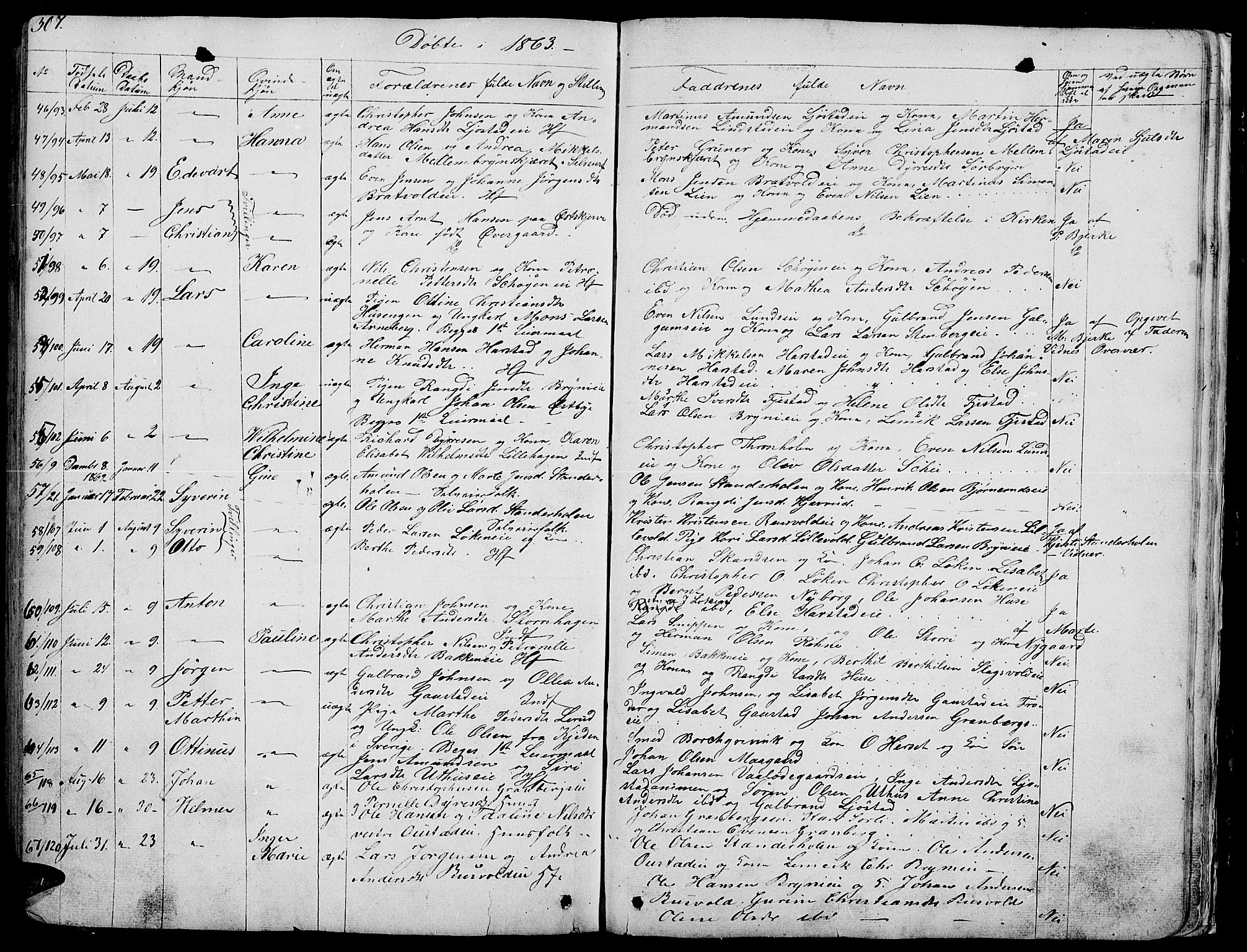 Romedal prestekontor, AV/SAH-PREST-004/L/L0009: Parish register (copy) no. 9, 1846-1866, p. 307