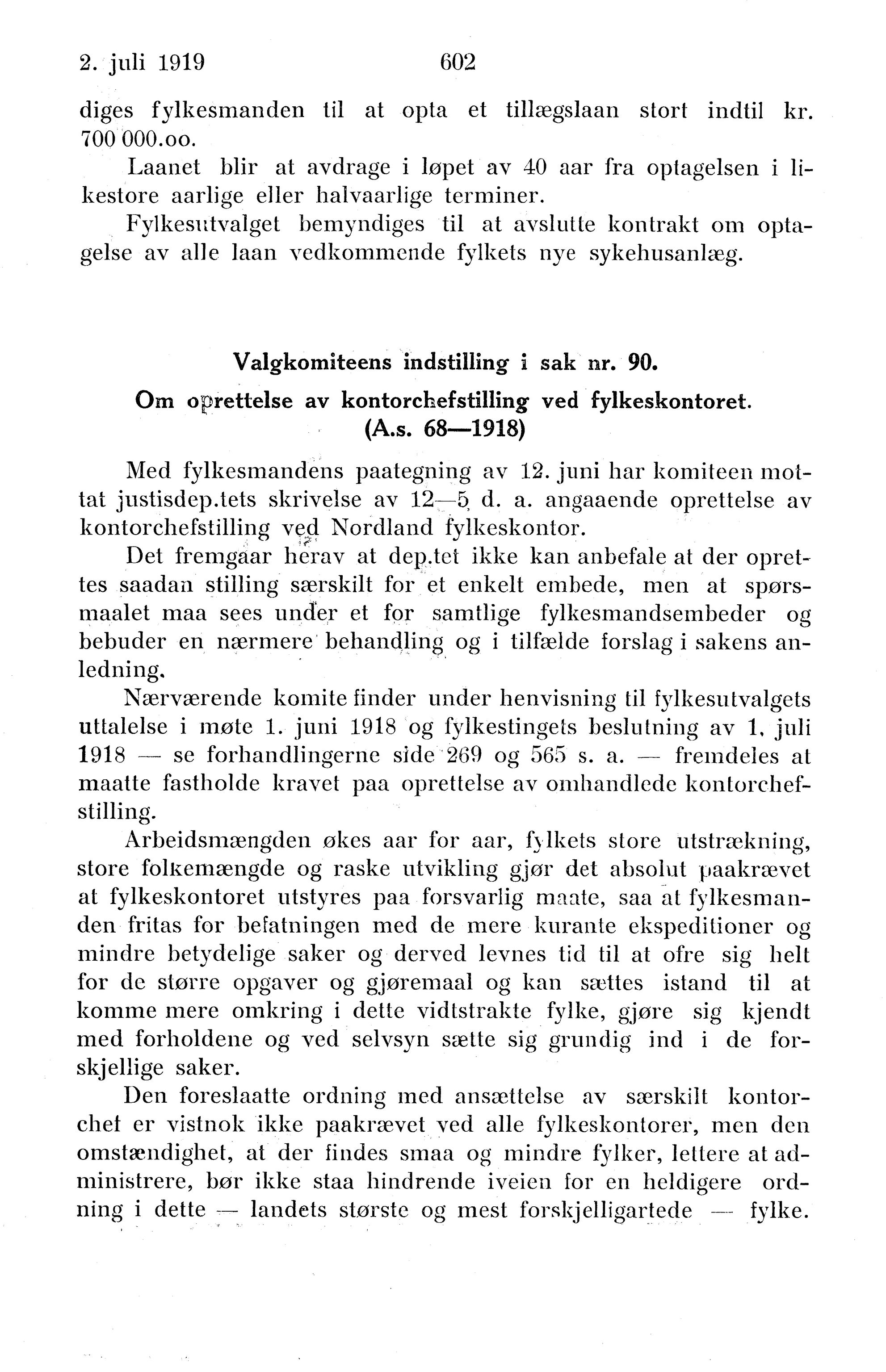 Nordland Fylkeskommune. Fylkestinget, AIN/NFK-17/176/A/Ac/L0042: Fylkestingsforhandlinger 1919, 1919