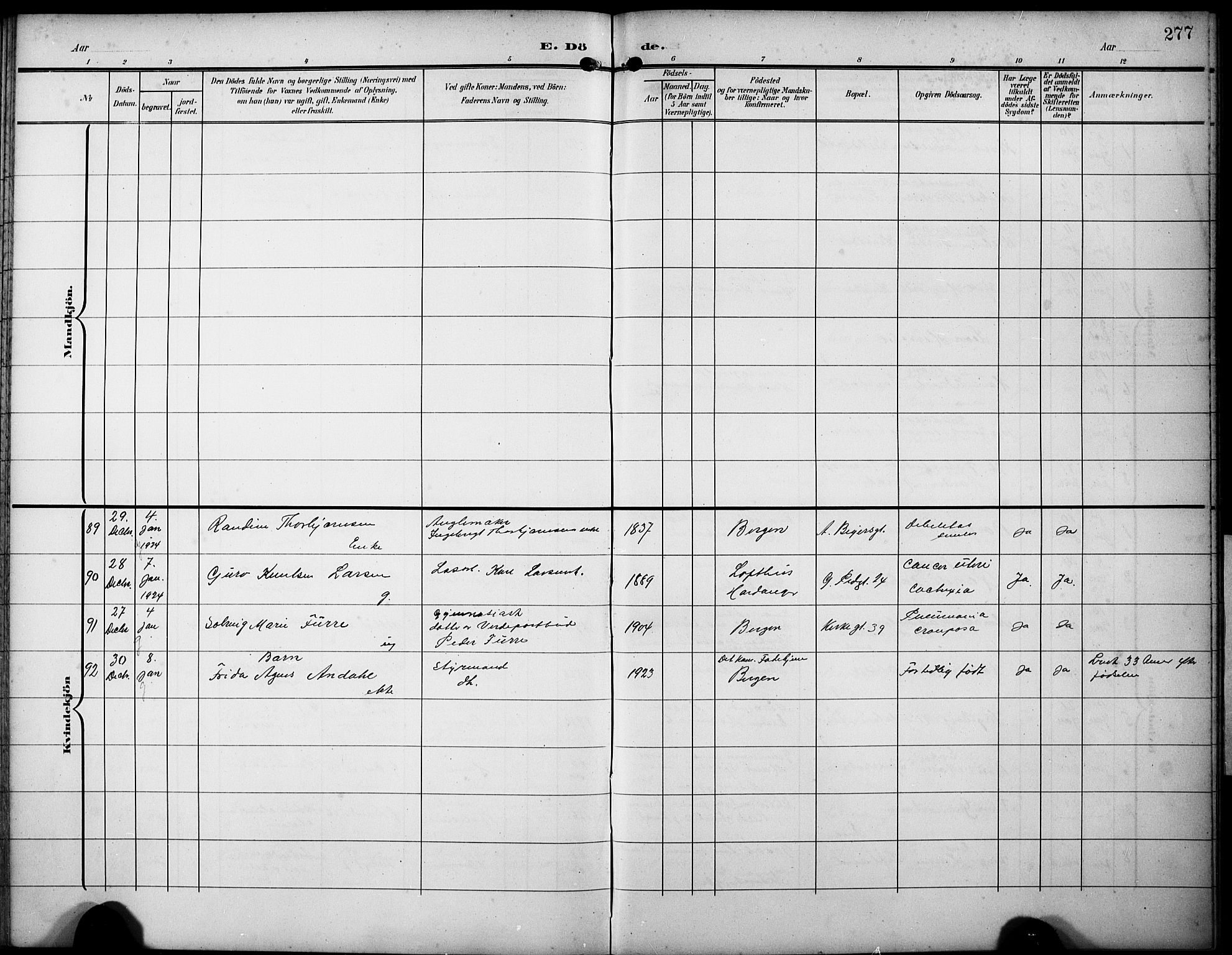 Sandviken Sokneprestembete, AV/SAB-A-77601/H/Hb/L0017: Parish register (copy) no. E 1, 1903-1926, p. 277