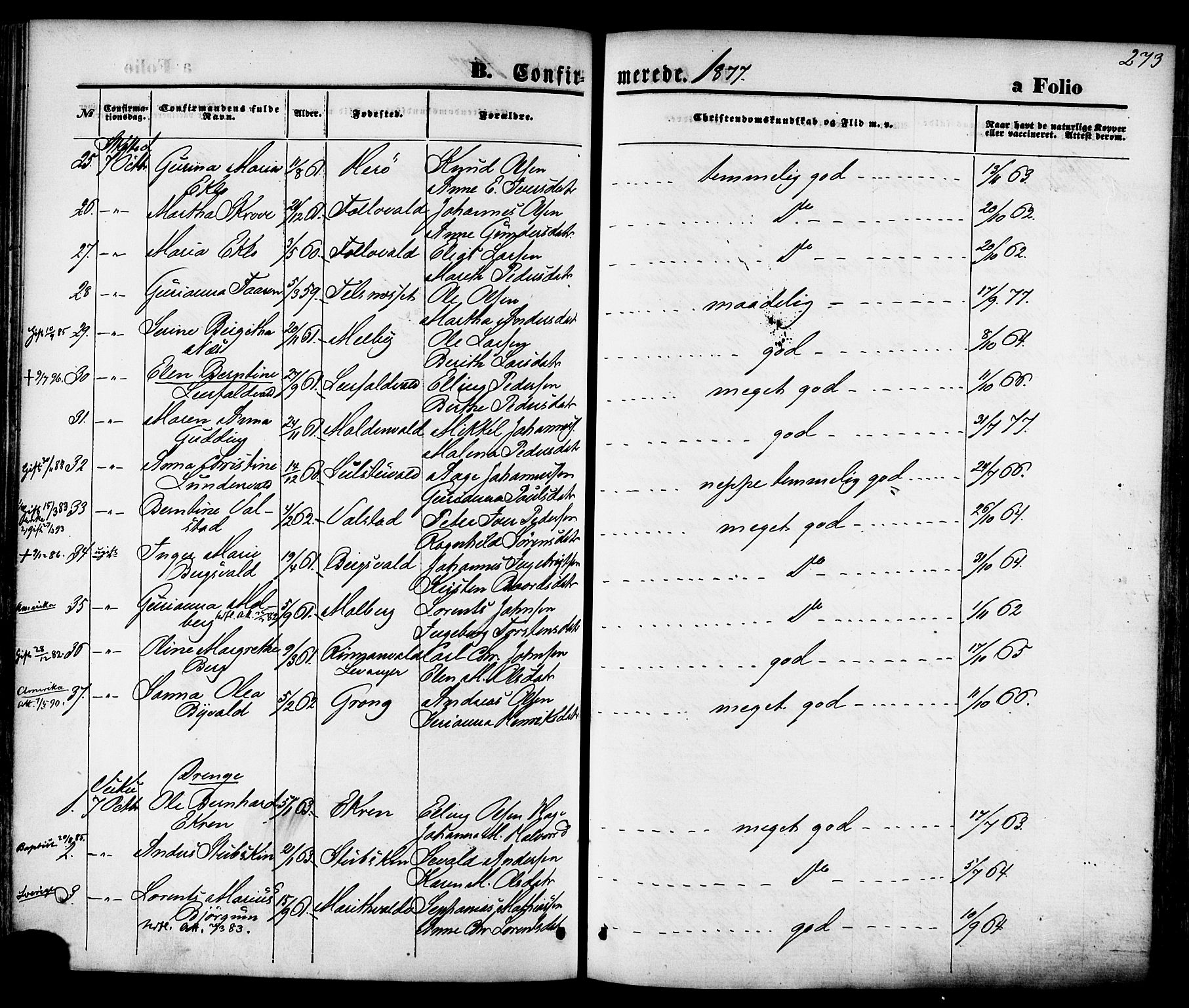 Ministerialprotokoller, klokkerbøker og fødselsregistre - Nord-Trøndelag, SAT/A-1458/723/L0242: Parish register (official) no. 723A11, 1870-1880, p. 273