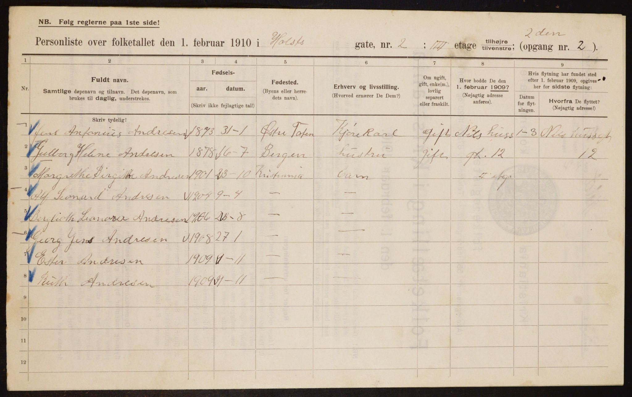 OBA, Municipal Census 1910 for Kristiania, 1910, p. 40130