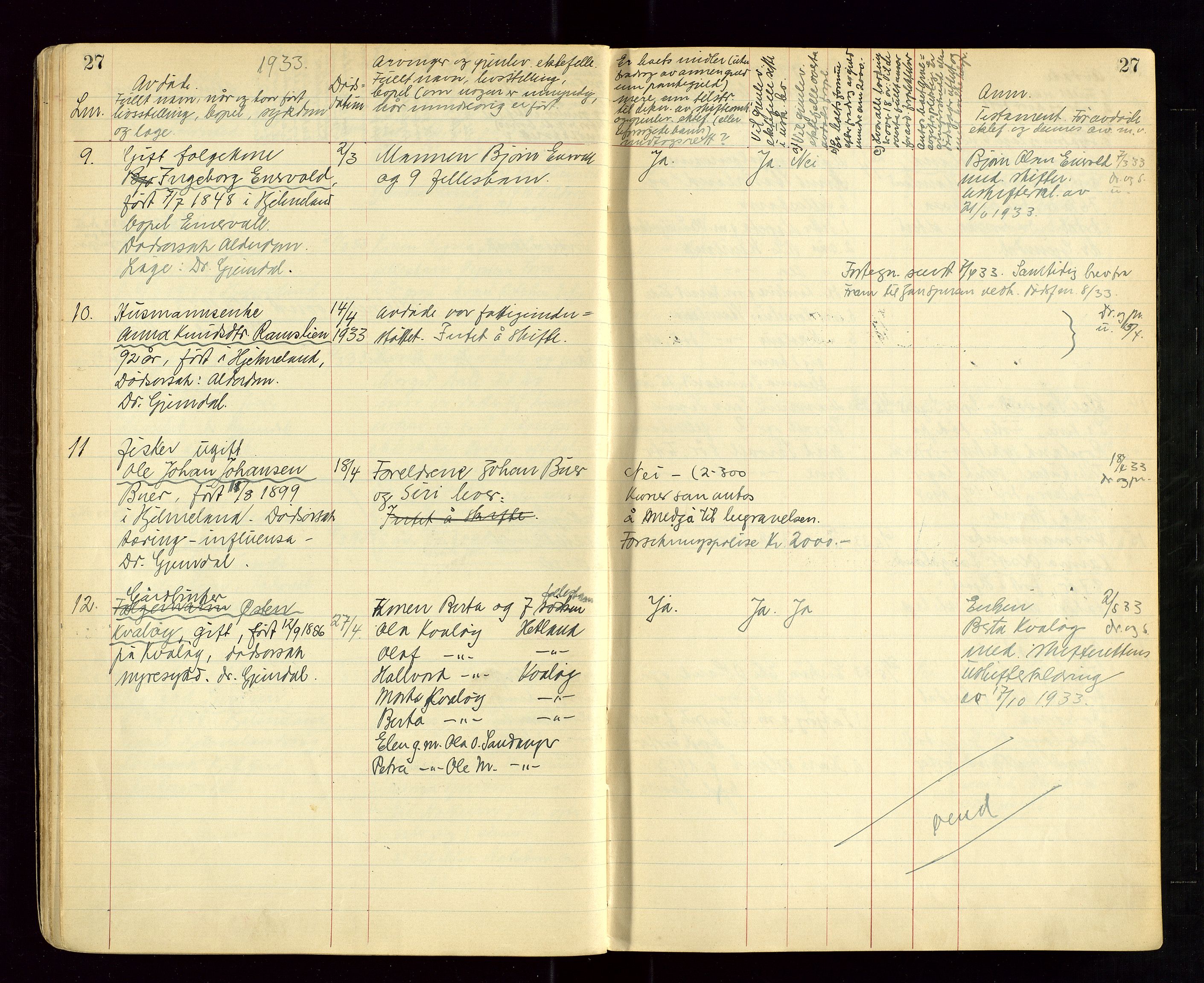 Hjelmeland lensmannskontor, AV/SAST-A-100439/Ggb/L0004: "Dødsprotokoll (dødsanmeldelsesbok)", 1929-1950, p. 27