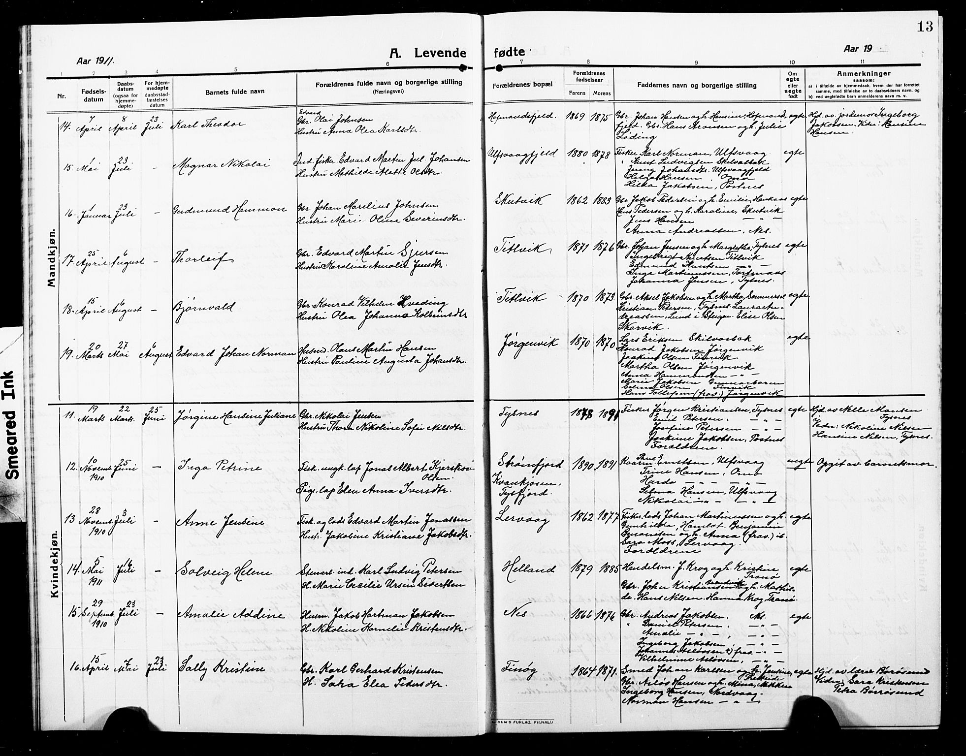 Ministerialprotokoller, klokkerbøker og fødselsregistre - Nordland, SAT/A-1459/859/L0861: Parish register (copy) no. 859C07, 1910-1925, p. 13