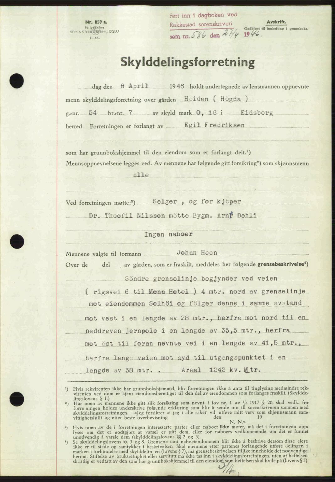 Rakkestad sorenskriveri, AV/SAO-A-10686/G/Gb/Gba/Gbab/L0012a: Mortgage book no. A12 I, 1945-1946, Diary no: : 586/1946