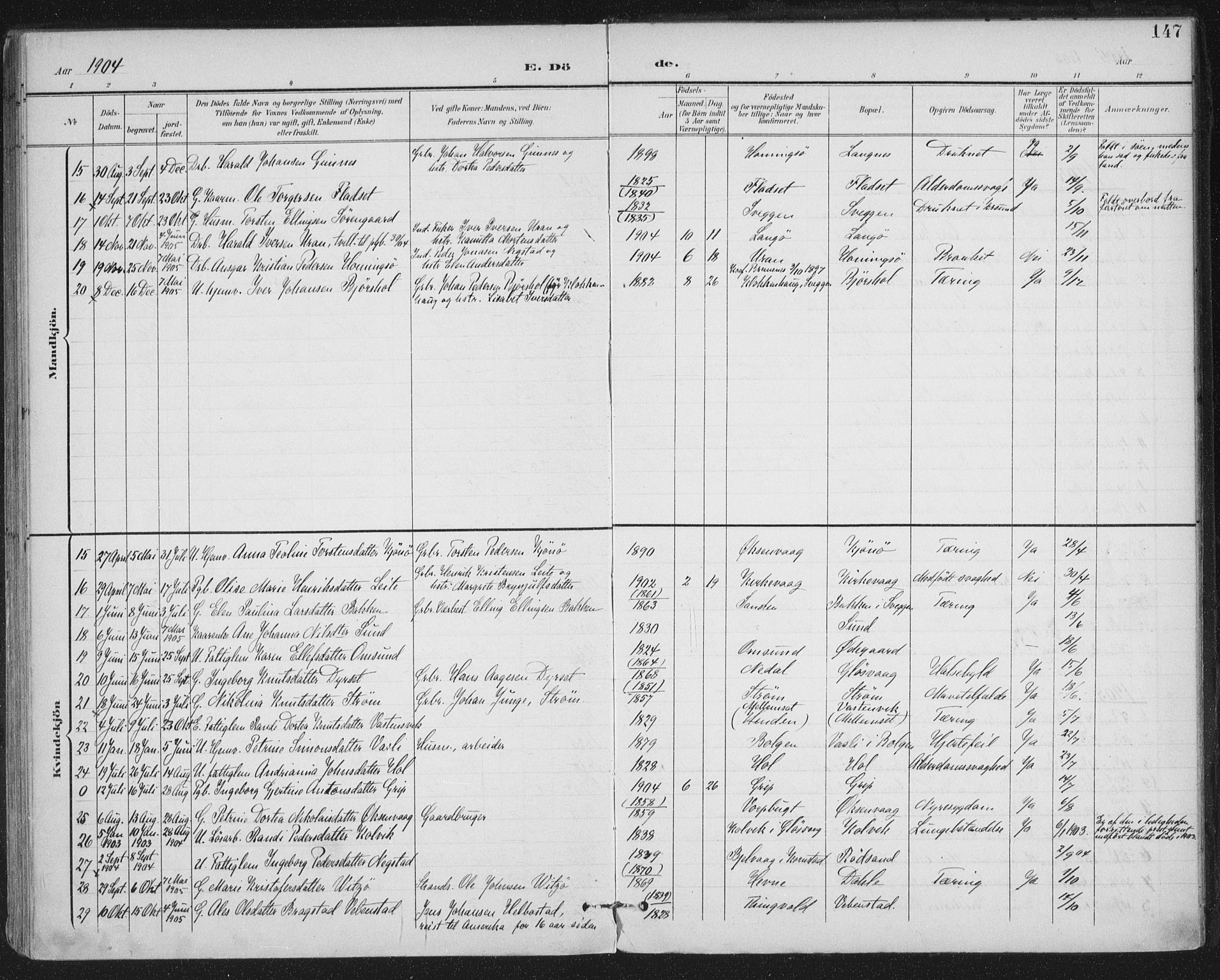 Ministerialprotokoller, klokkerbøker og fødselsregistre - Møre og Romsdal, AV/SAT-A-1454/569/L0820: Parish register (official) no. 569A06, 1900-1911, p. 147