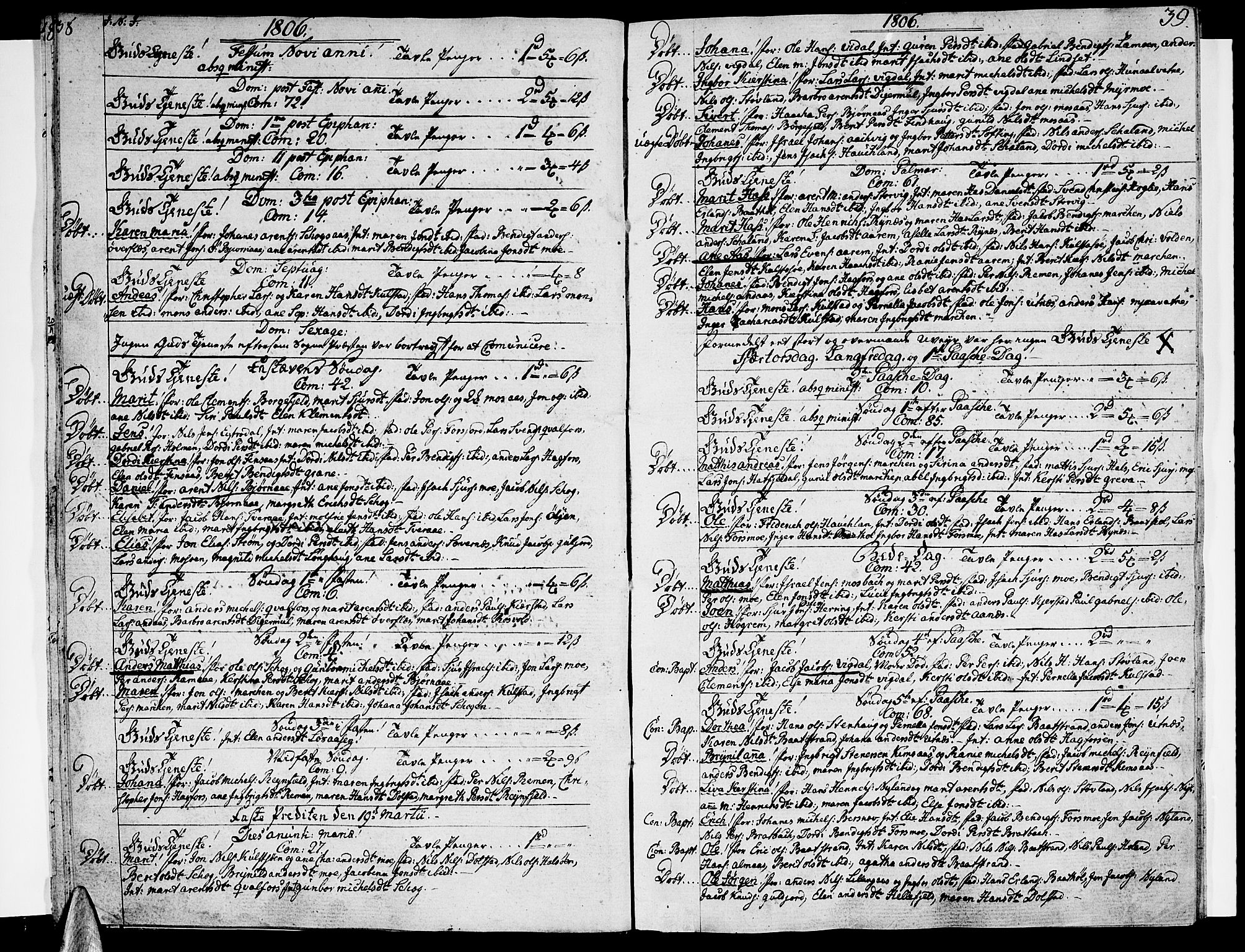Ministerialprotokoller, klokkerbøker og fødselsregistre - Nordland, SAT/A-1459/820/L0287: Parish register (official) no. 820A08, 1800-1819, p. 38-39