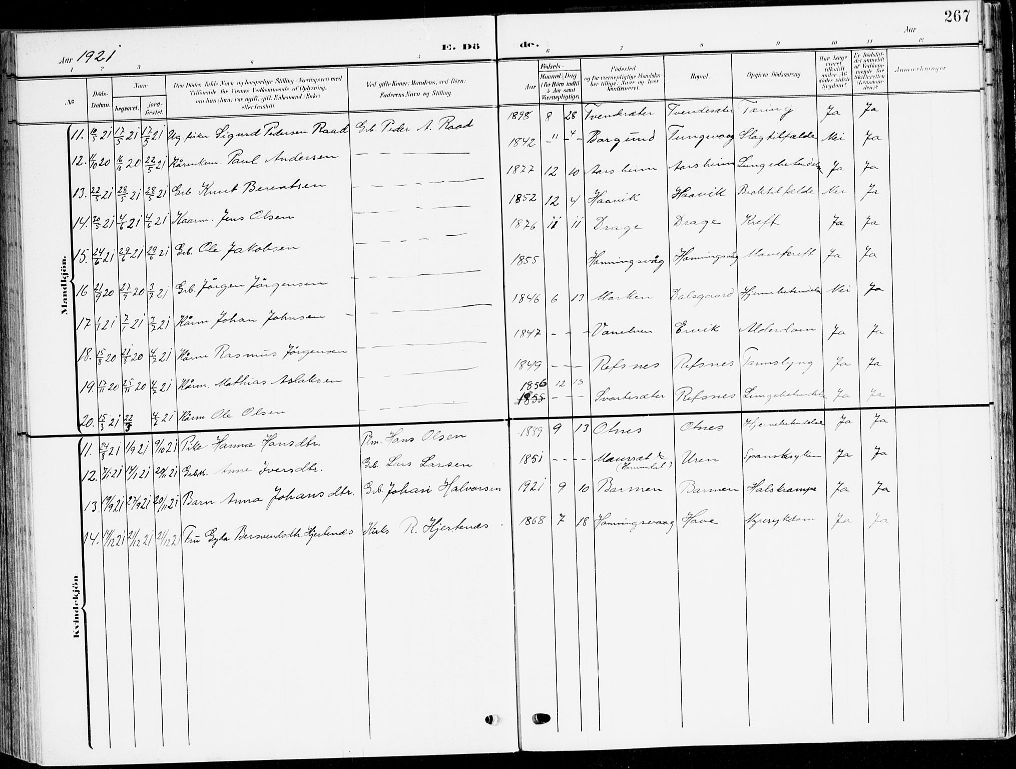 Selje sokneprestembete, SAB/A-99938/H/Ha/Haa/Haab: Parish register (official) no. B 3, 1908-1923, p. 267