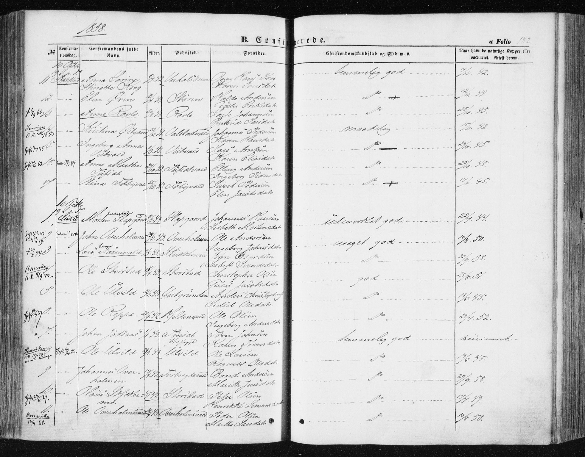 Ministerialprotokoller, klokkerbøker og fødselsregistre - Nord-Trøndelag, AV/SAT-A-1458/723/L0240: Parish register (official) no. 723A09, 1852-1860, p. 182