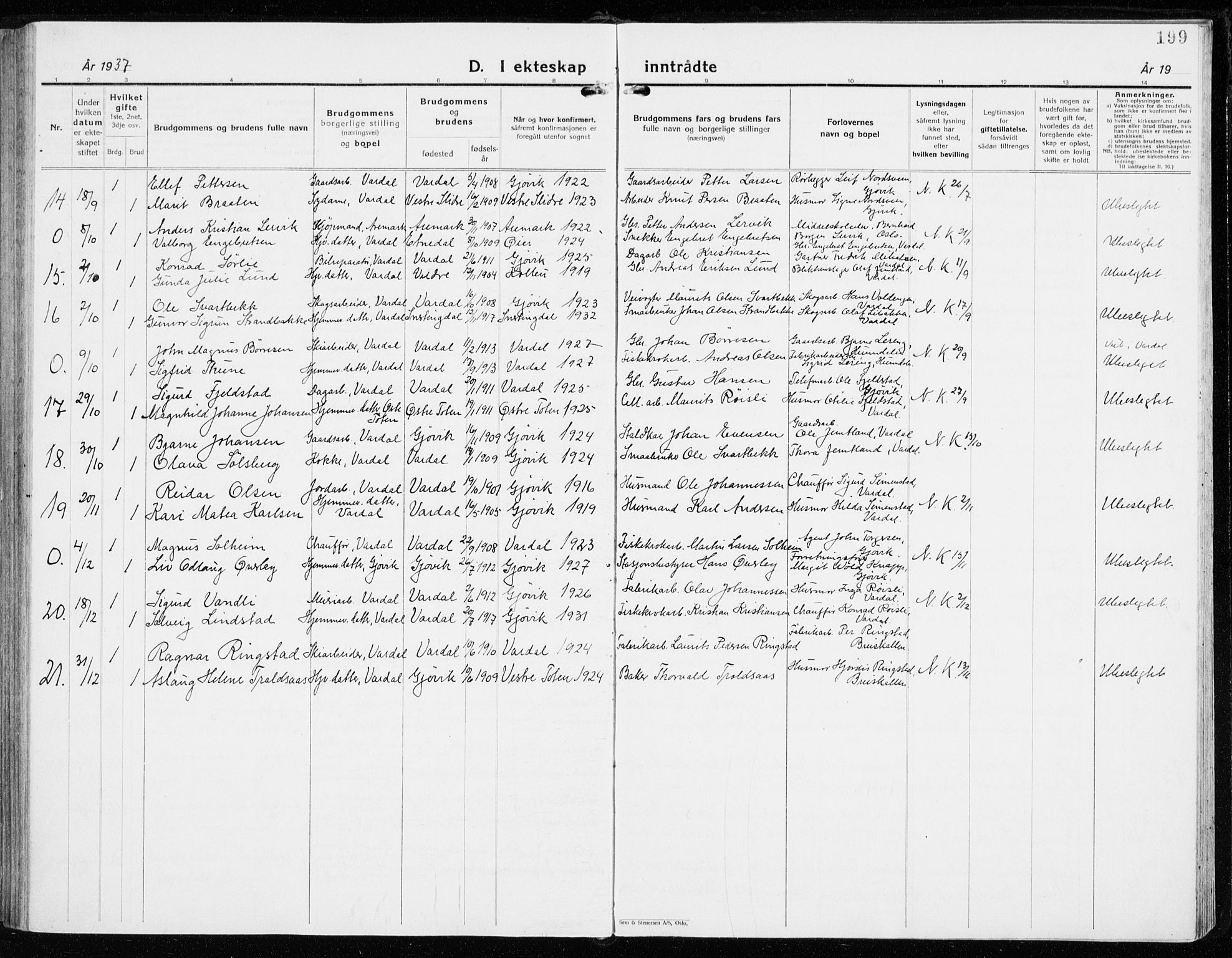 Vardal prestekontor, SAH/PREST-100/H/Ha/Haa/L0018: Parish register (official) no. 18, 1930-1945, p. 199