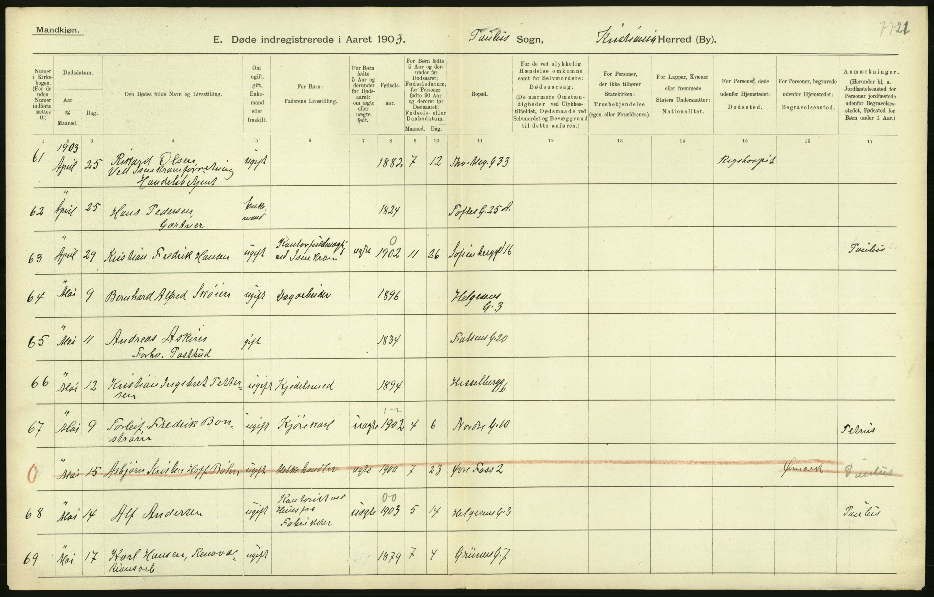 Statistisk sentralbyrå, Sosiodemografiske emner, Befolkning, AV/RA-S-2228/D/Df/Dfa/Dfaa/L0004: Kristiania: Gifte, døde, 1903, p. 312