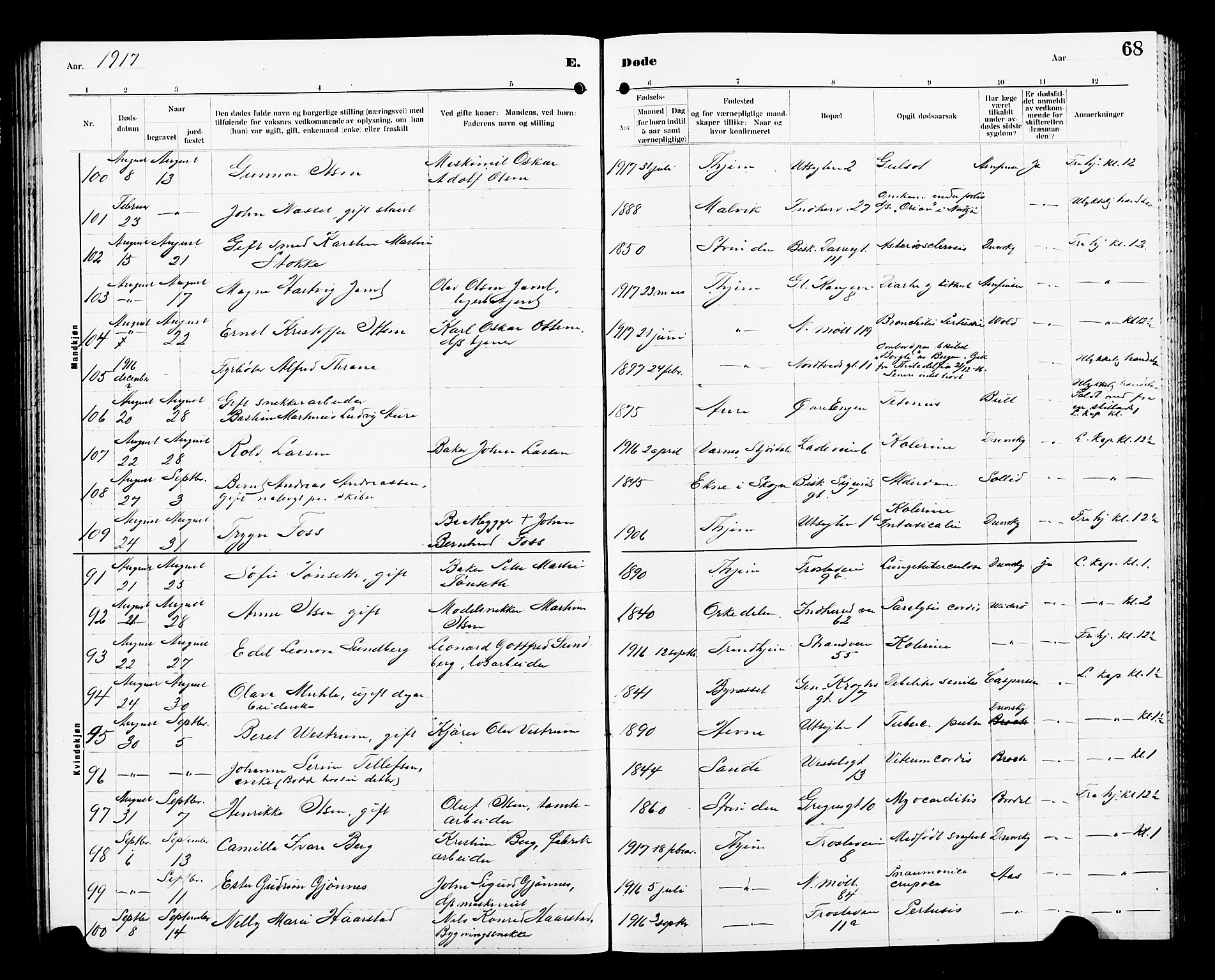 Ministerialprotokoller, klokkerbøker og fødselsregistre - Sør-Trøndelag, AV/SAT-A-1456/605/L0257: Parish register (copy) no. 605C04, 1916-1922, p. 68