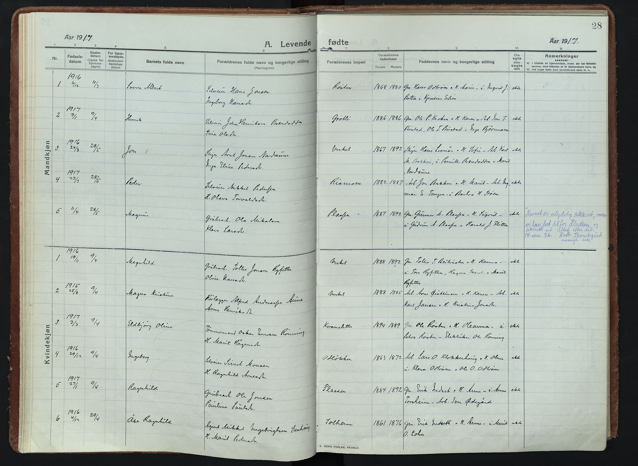 Alvdal prestekontor, AV/SAH-PREST-060/H/Ha/Haa/L0005: Parish register (official) no. 5, 1913-1930, p. 28