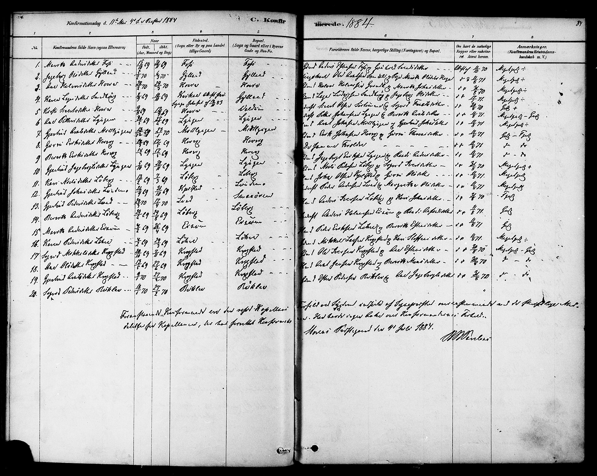 Ministerialprotokoller, klokkerbøker og fødselsregistre - Sør-Trøndelag, SAT/A-1456/692/L1105: Parish register (official) no. 692A05, 1878-1890, p. 84
