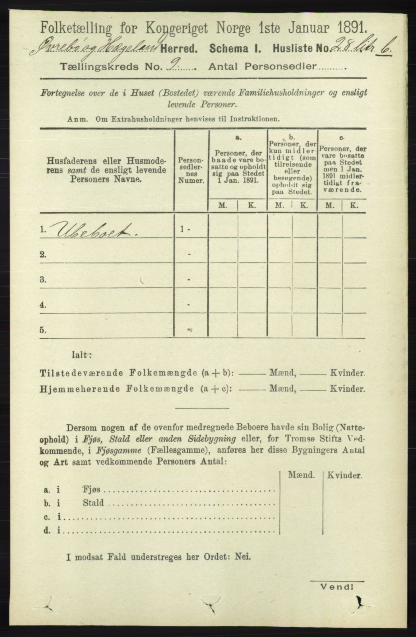 RA, 1891 census for 1016 Øvrebø og Hægeland, 1891, p. 1732