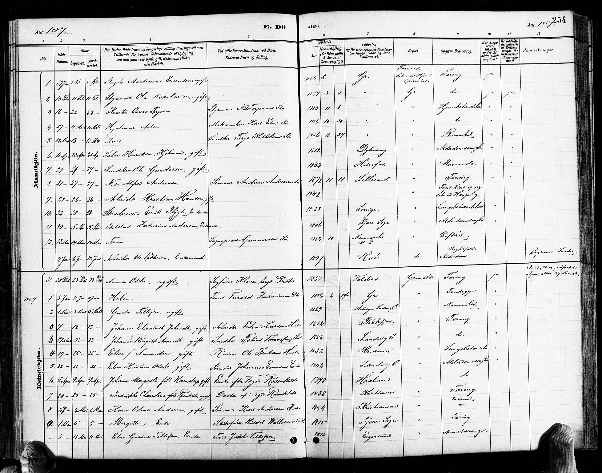 Grimstad sokneprestkontor, SAK/1111-0017/F/Fb/L0001: Parish register (copy) no. B 1, 1881-1922, p. 254