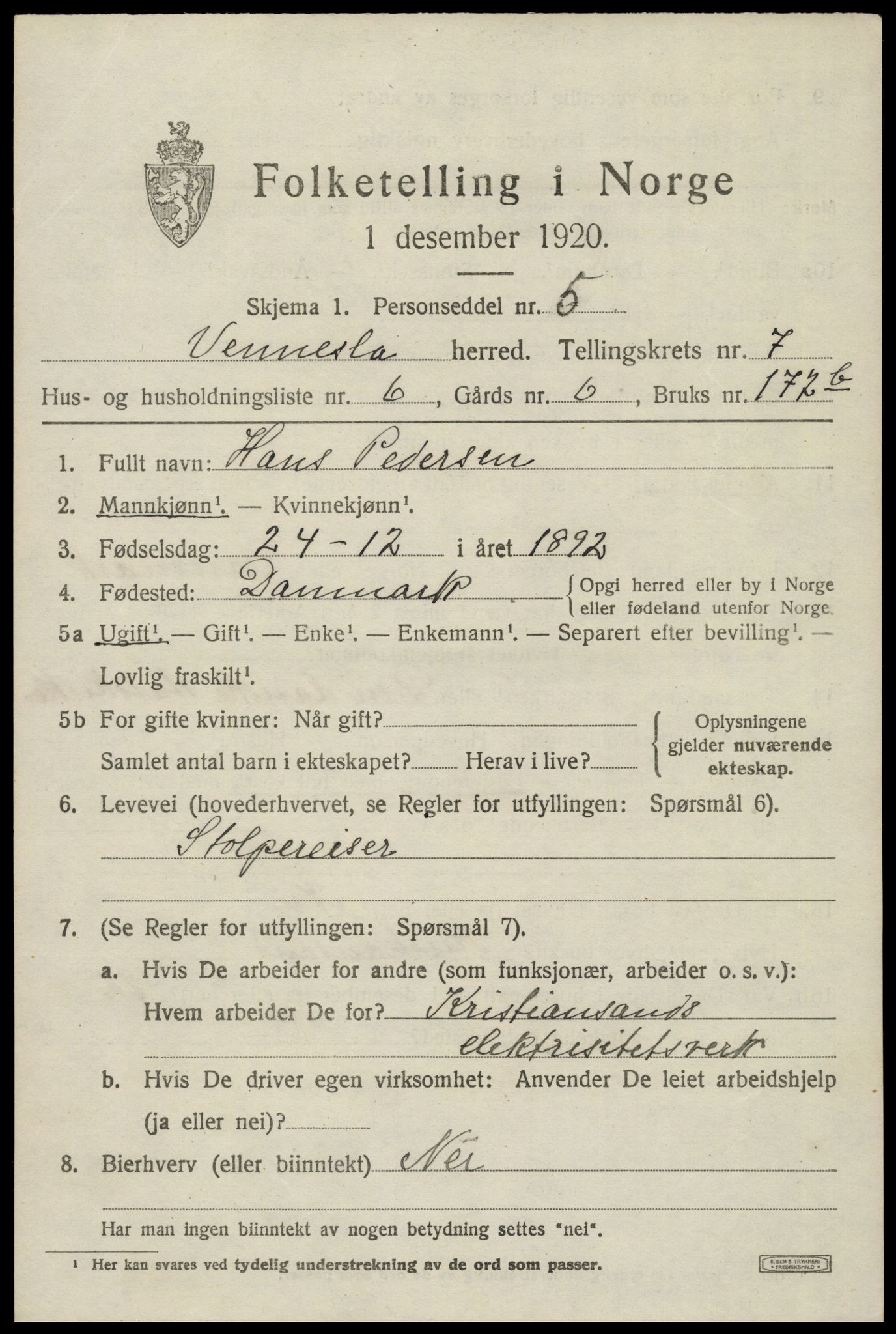 SAK, 1920 census for Vennesla, 1920, p. 4828