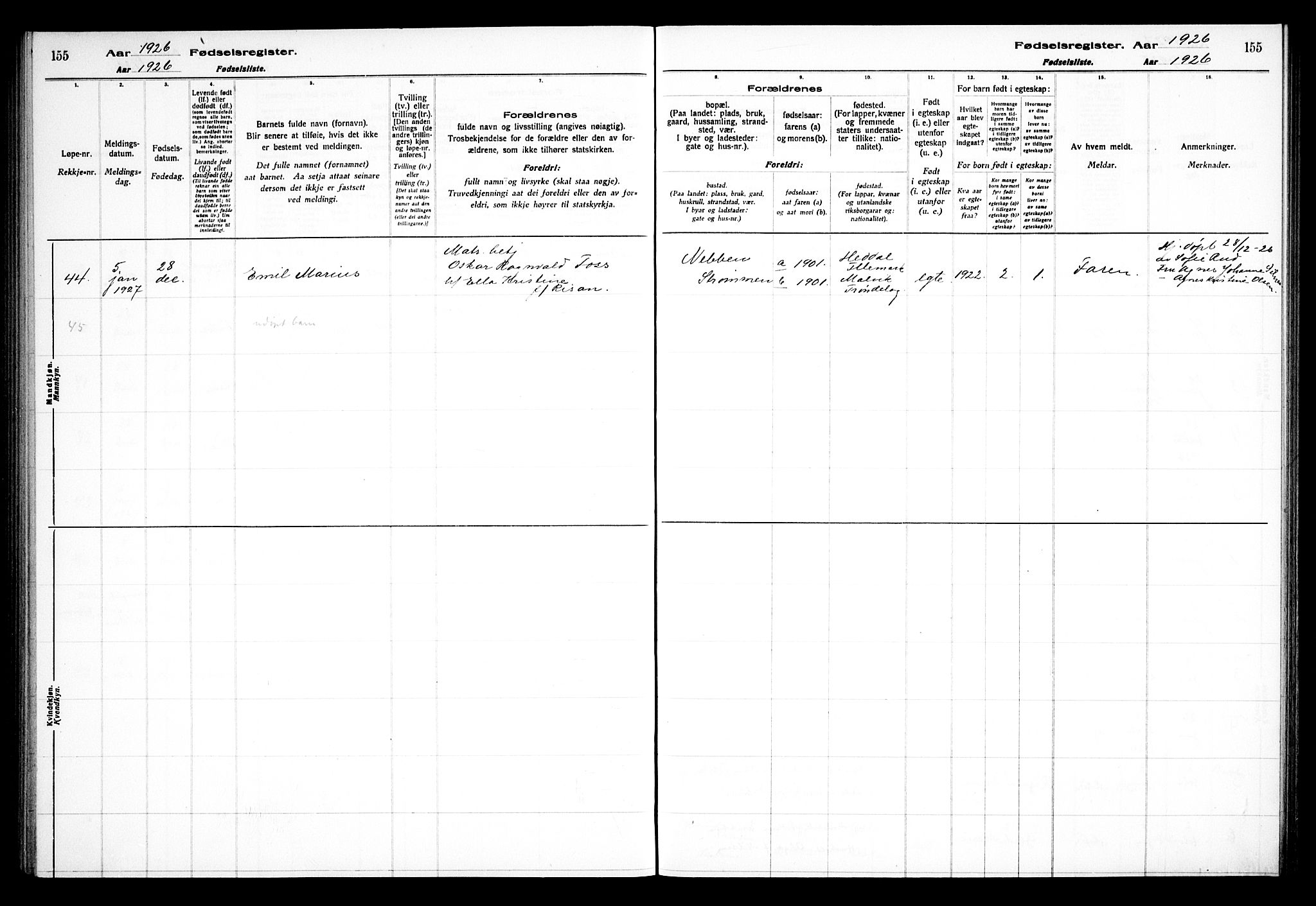 Skedsmo prestekontor Kirkebøker, SAO/A-10033a/J/Ja/L0001: Birth register no. I 1, 1916-1931, p. 155