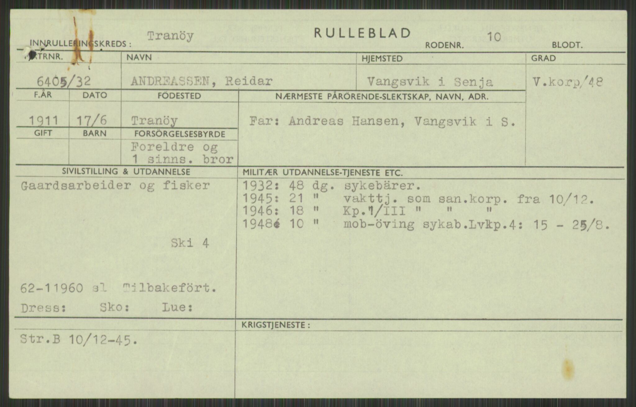 Forsvaret, Troms infanteriregiment nr. 16, AV/RA-RAFA-3146/P/Pa/L0016: Rulleblad for regimentets menige mannskaper, årsklasse 1932, 1932, p. 45