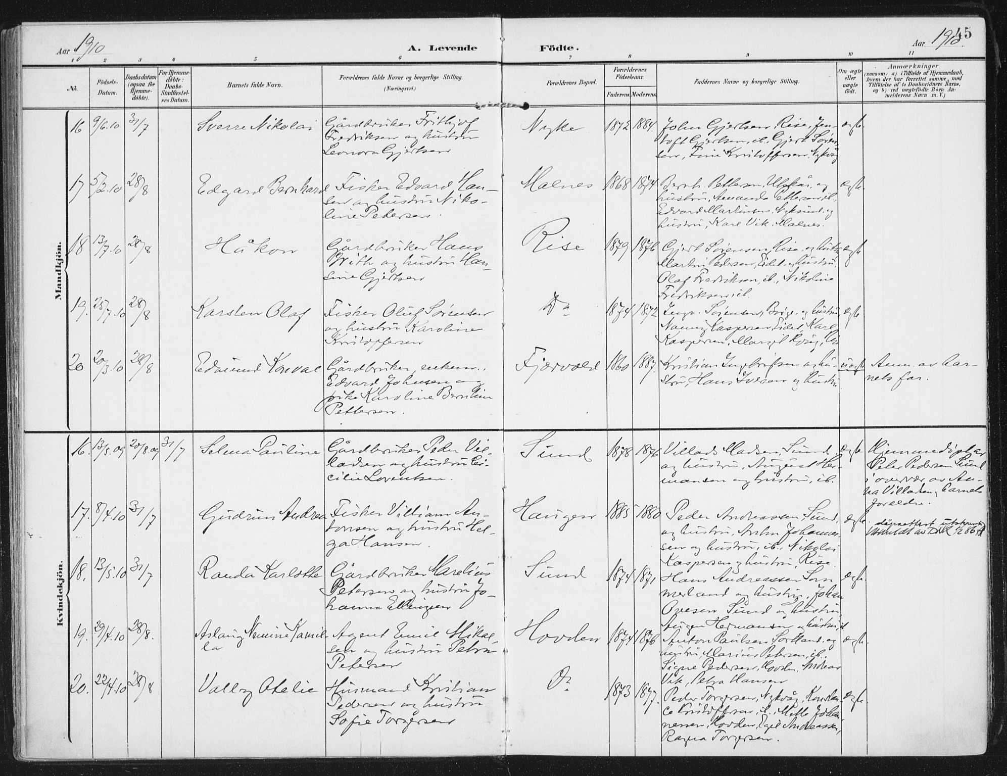 Ministerialprotokoller, klokkerbøker og fødselsregistre - Nordland, AV/SAT-A-1459/892/L1321: Parish register (official) no. 892A02, 1902-1918, p. 45