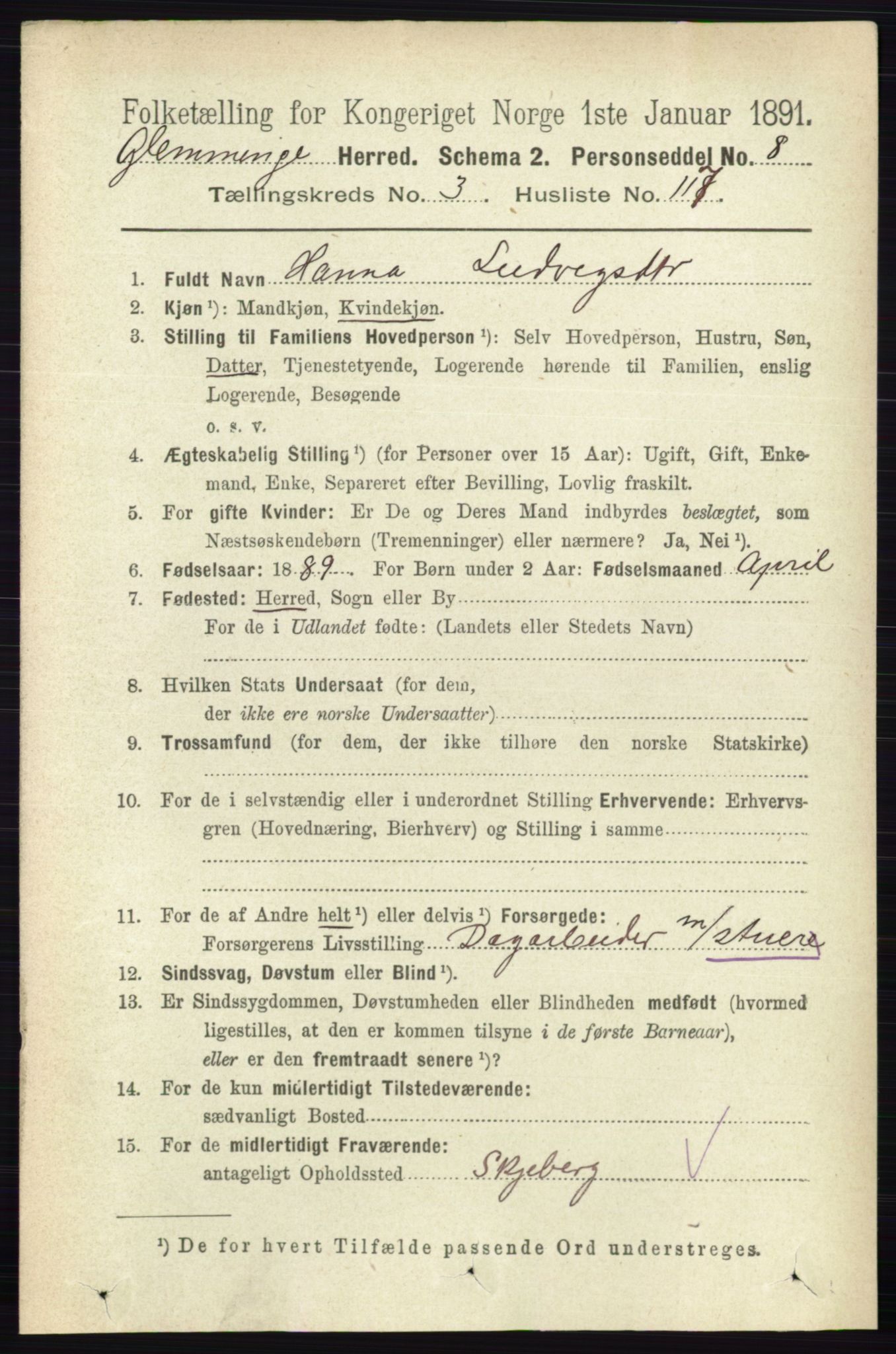 RA, 1891 census for 0132 Glemmen, 1891, p. 3083