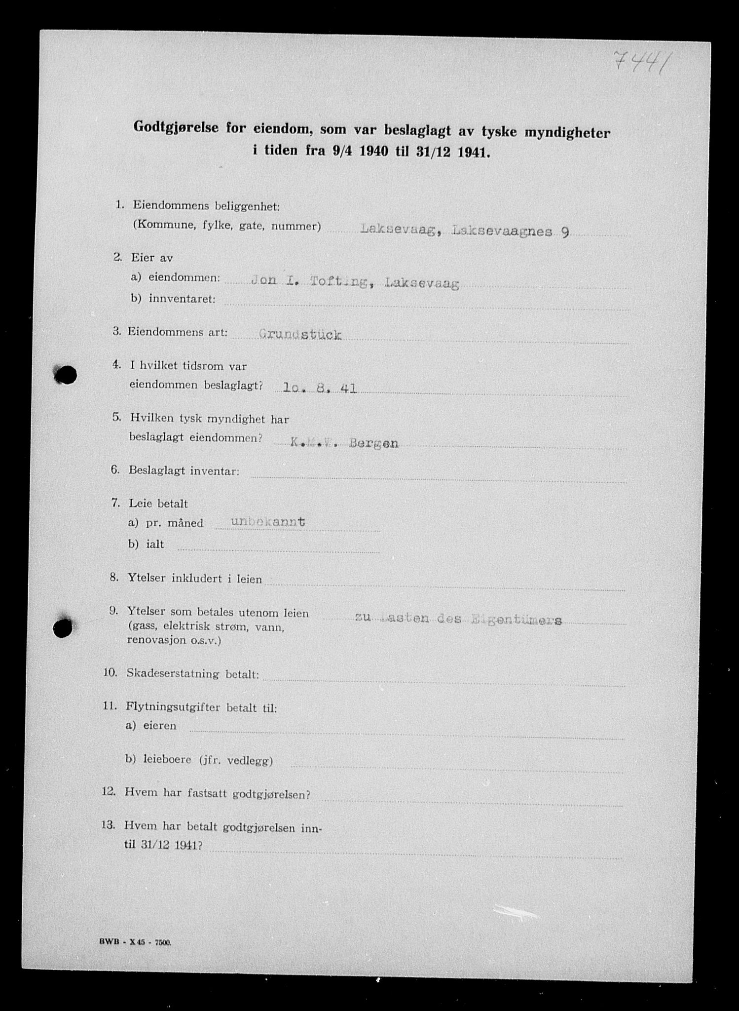 Justisdepartementet, Tilbakeføringskontoret for inndratte formuer, AV/RA-S-1564/I/L1016: Godtgjørelse for beslaglagt eiendom, 1940-1941, p. 321