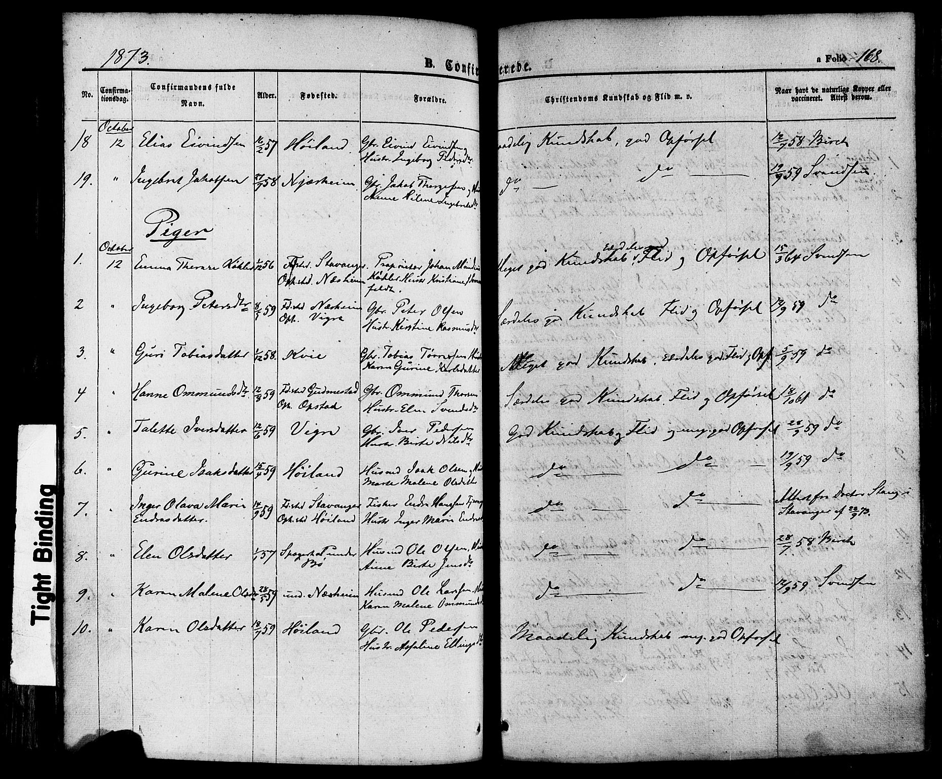 Hå sokneprestkontor, SAST/A-101801/001/30BA/L0008: Parish register (official) no. A 7, 1853-1878, p. 168