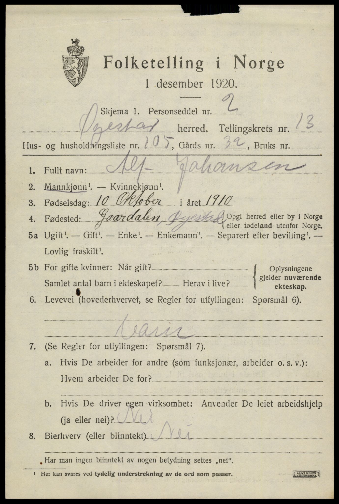 SAK, 1920 census for Øyestad, 1920, p. 9238