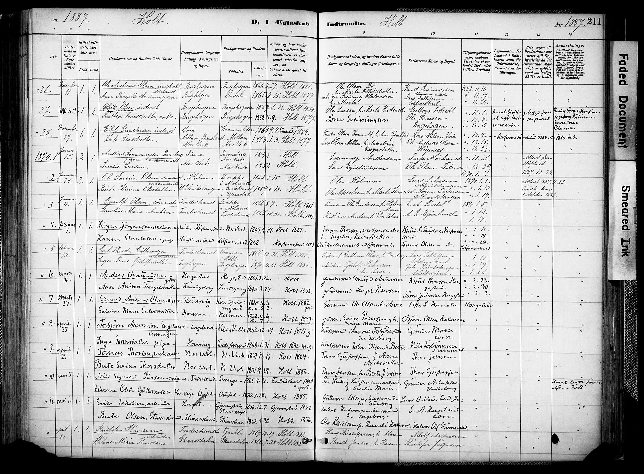 Holt sokneprestkontor, AV/SAK-1111-0021/F/Fa/L0012: Parish register (official) no. A 12, 1885-1907, p. 211