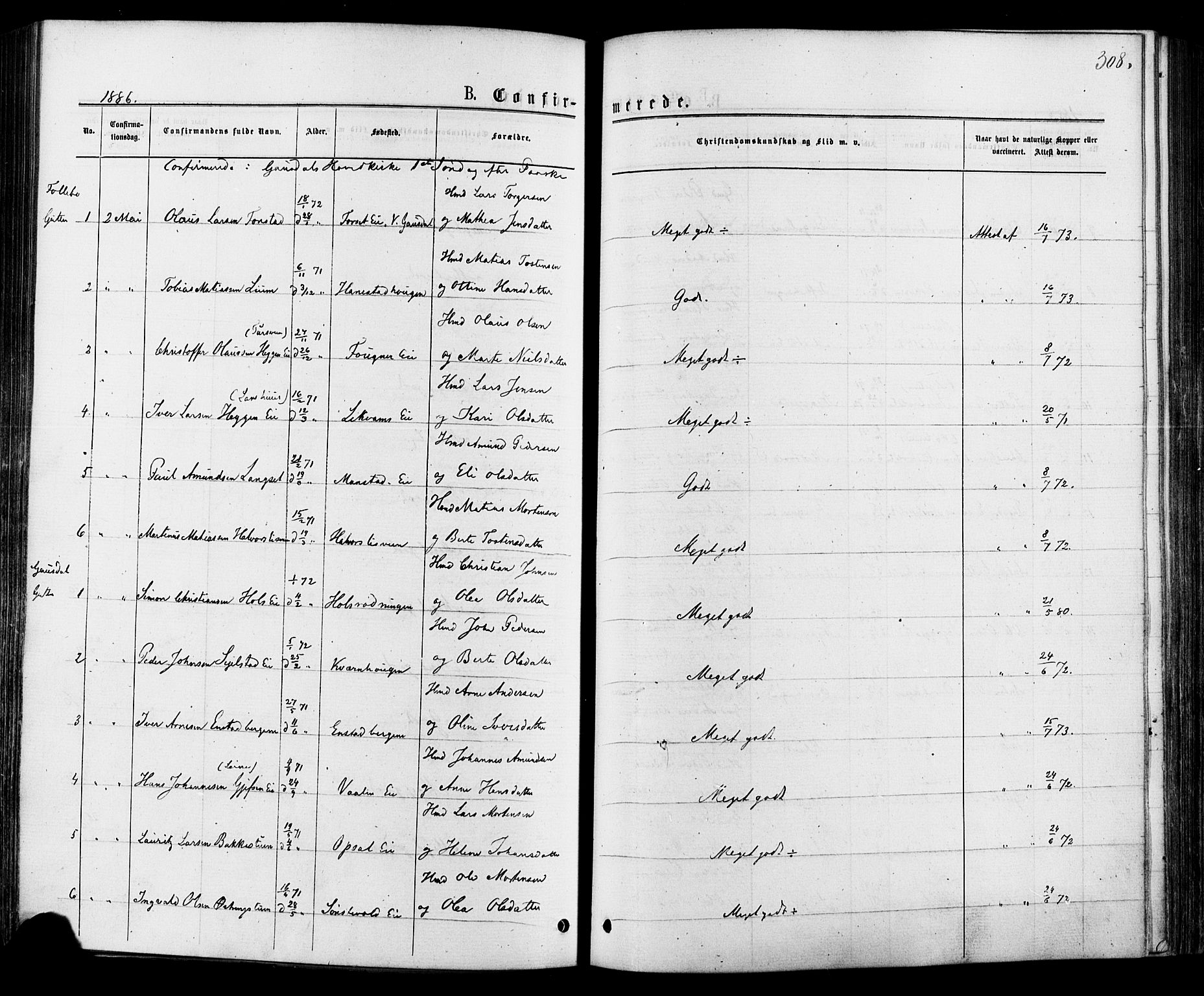 Østre Gausdal prestekontor, AV/SAH-PREST-092/H/Ha/Haa/L0001: Parish register (official) no. 1, 1874-1886, p. 308