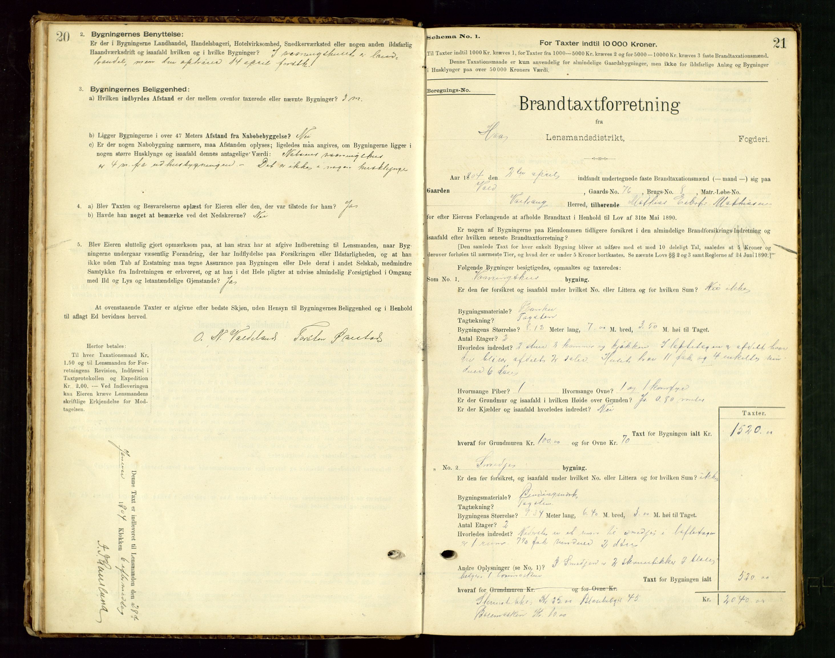 Hå lensmannskontor, SAST/A-100456/Goa/L0003: Takstprotokoll (skjema), 1895-1911, p. 20-21