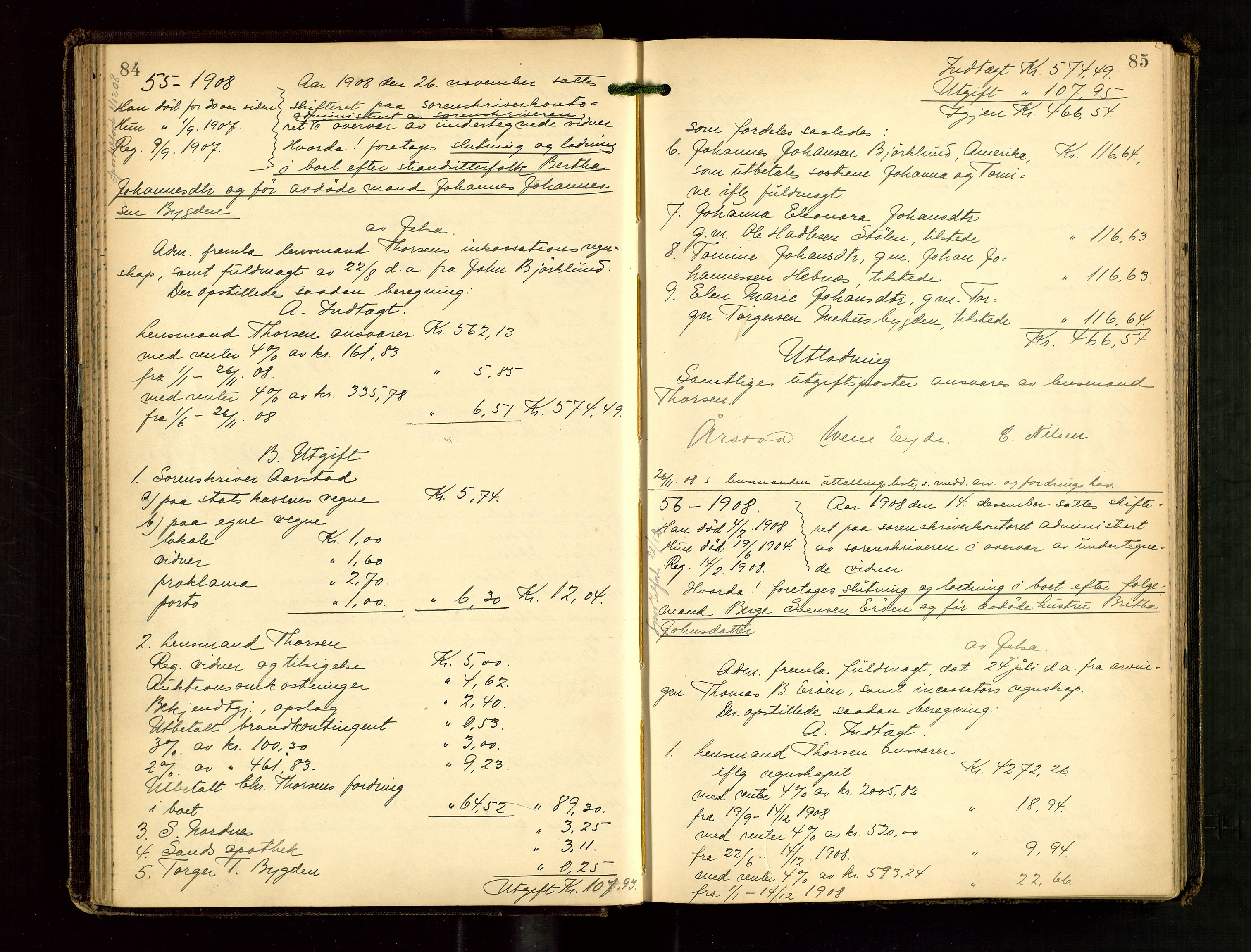 Ryfylke tingrett, AV/SAST-A-100055/001/IV/IVG/L0003: Skifteutlodningsprotokoll Med register, 1907-1912, p. 84-85