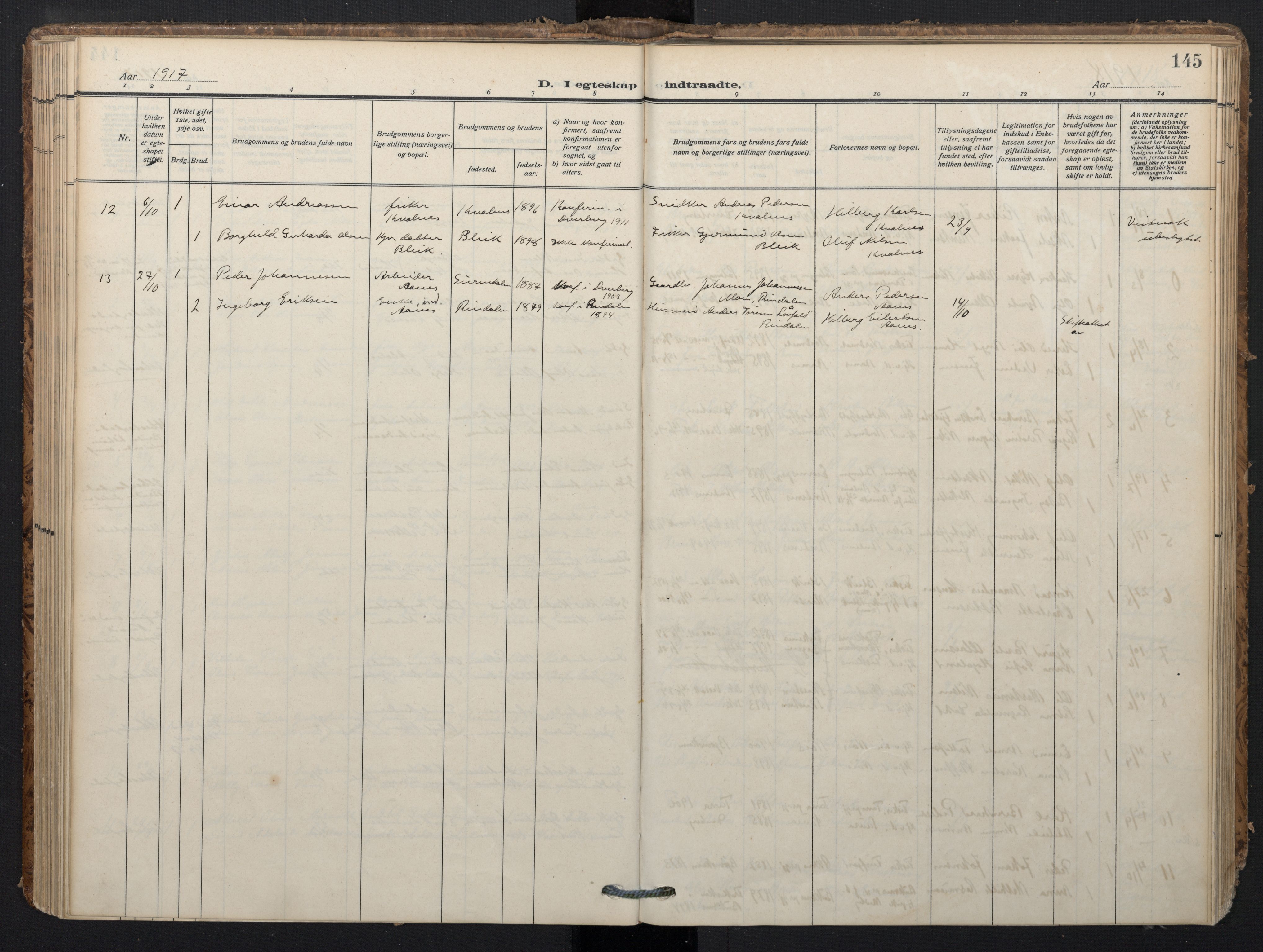 Ministerialprotokoller, klokkerbøker og fødselsregistre - Nordland, AV/SAT-A-1459/897/L1401: Parish register (official) no. 897A08, 1909-1921, p. 145