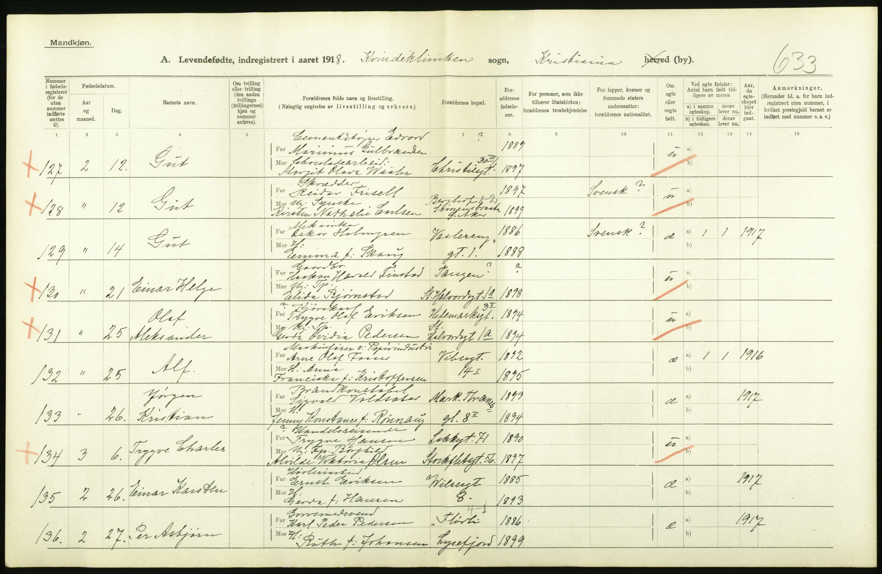 Statistisk sentralbyrå, Sosiodemografiske emner, Befolkning, AV/RA-S-2228/D/Df/Dfb/Dfbh/L0008: Kristiania: Levendefødte menn og kvinner., 1918, p. 416