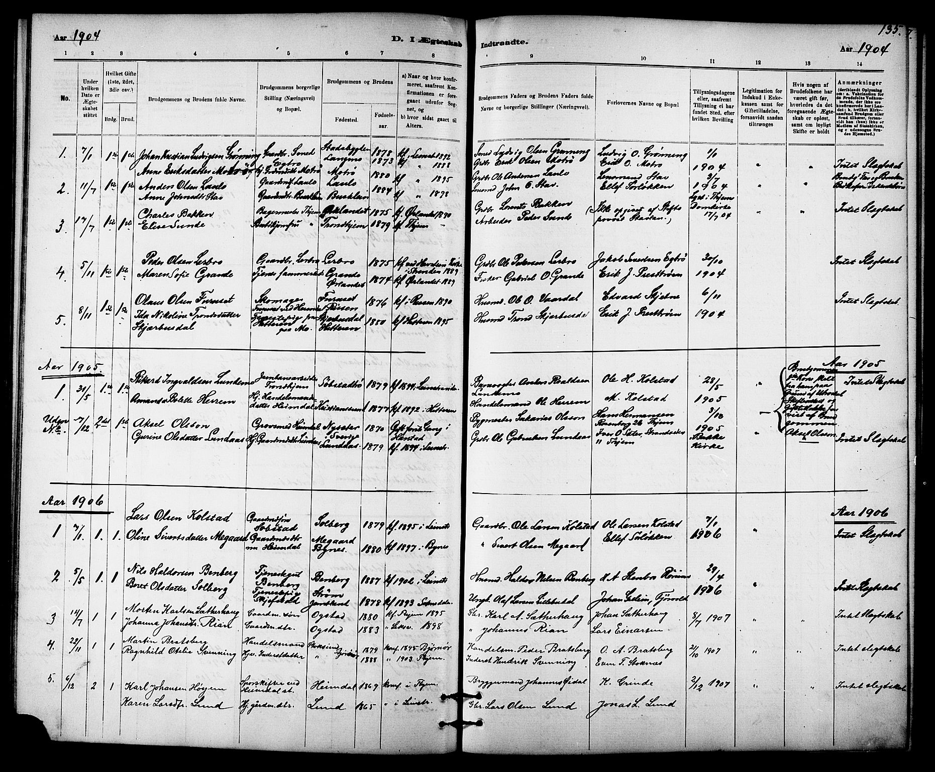 Ministerialprotokoller, klokkerbøker og fødselsregistre - Sør-Trøndelag, SAT/A-1456/613/L0395: Parish register (copy) no. 613C03, 1887-1909, p. 135